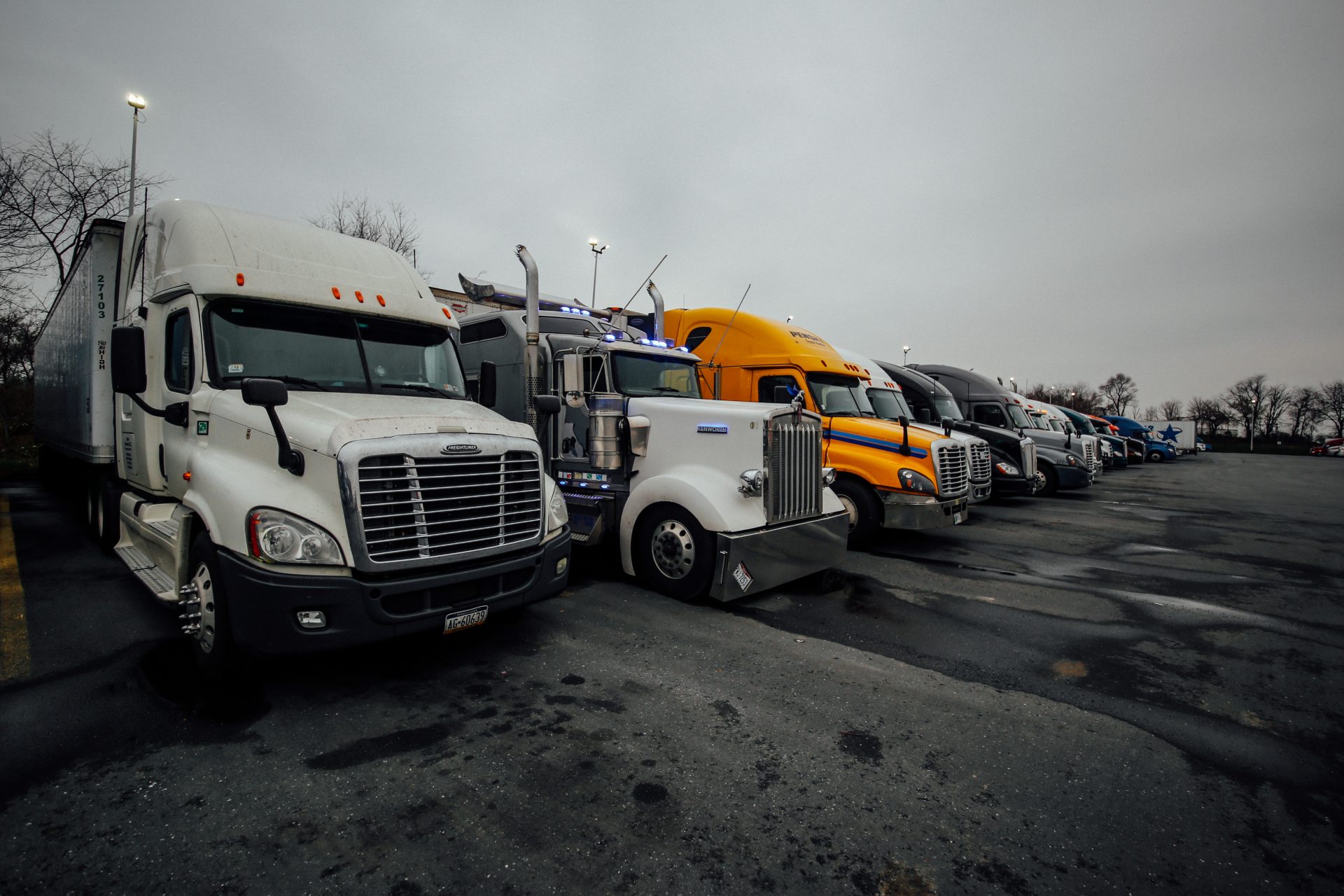 Trucks parked at a Flying J on April 1, 2020.