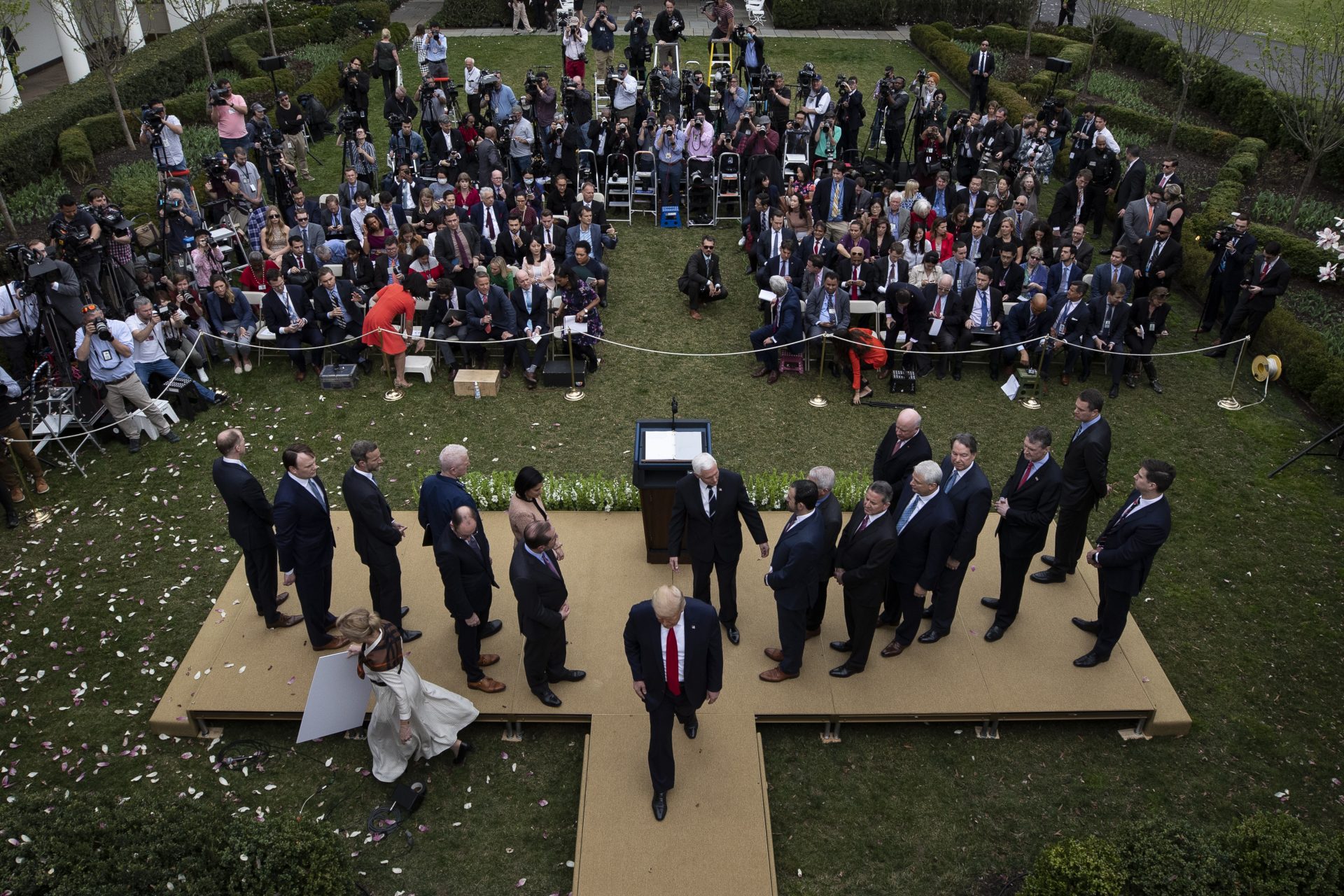 President Donald Trump departs after speaking during a news conference about the coronavirus in the Rose Garden at the White House, Friday, March 13, 2020, in Washington.