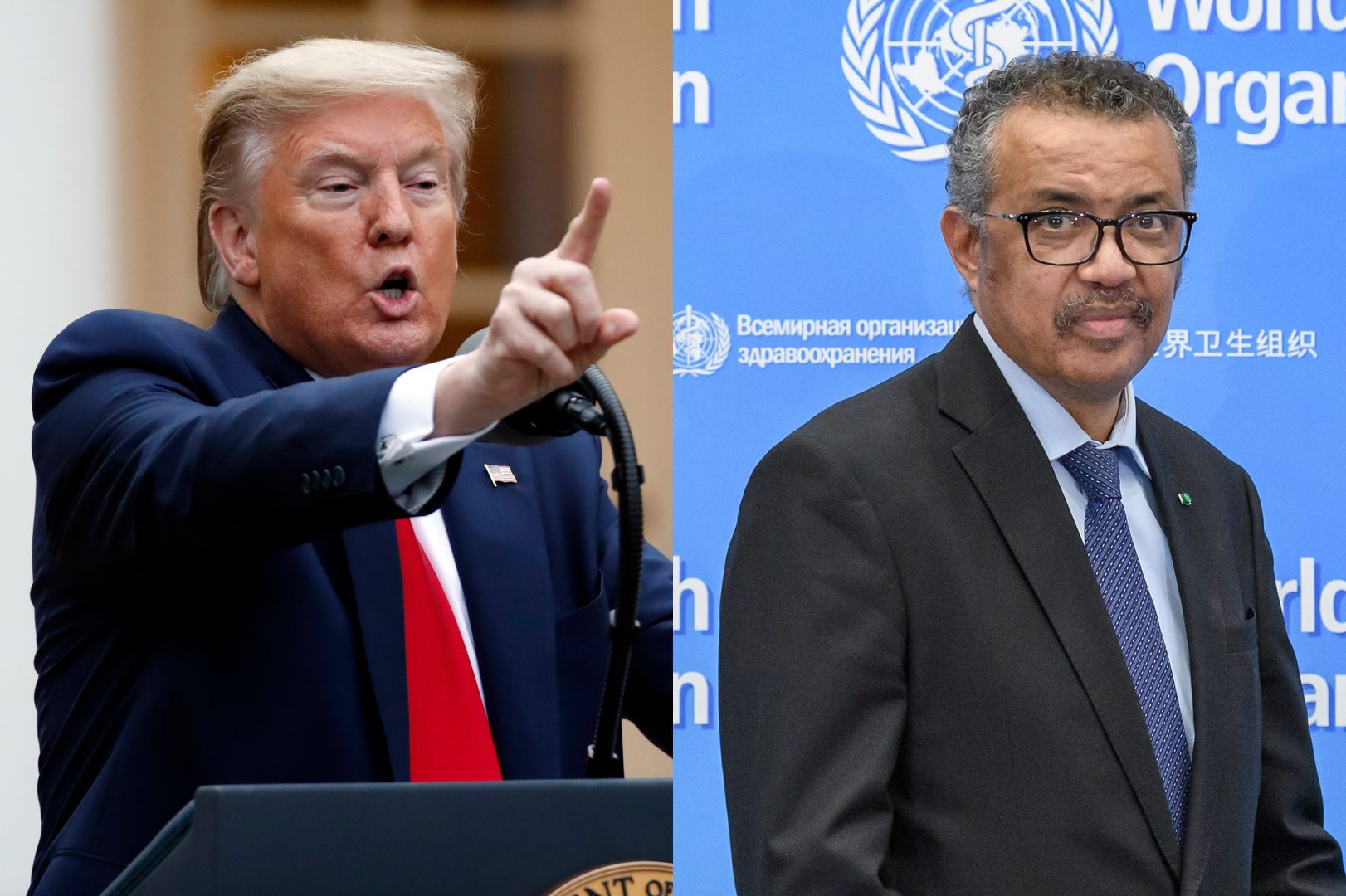 President Trump at the daily coronavirus briefing on Tuesday, when he declared his intent to halt funding to the World Health Organization, and Dr. Tedros Adhanom Ghebreyesus, director-general of WHO.