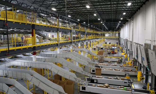 Boxed orders are sorted into transport trucks at the Amazon Fulfillment Center in West Deptford, N.J., on Friday, June 14, 2019. The robotic fulfillment center opened in September and is Amazon's fourth such site in New Jersey.