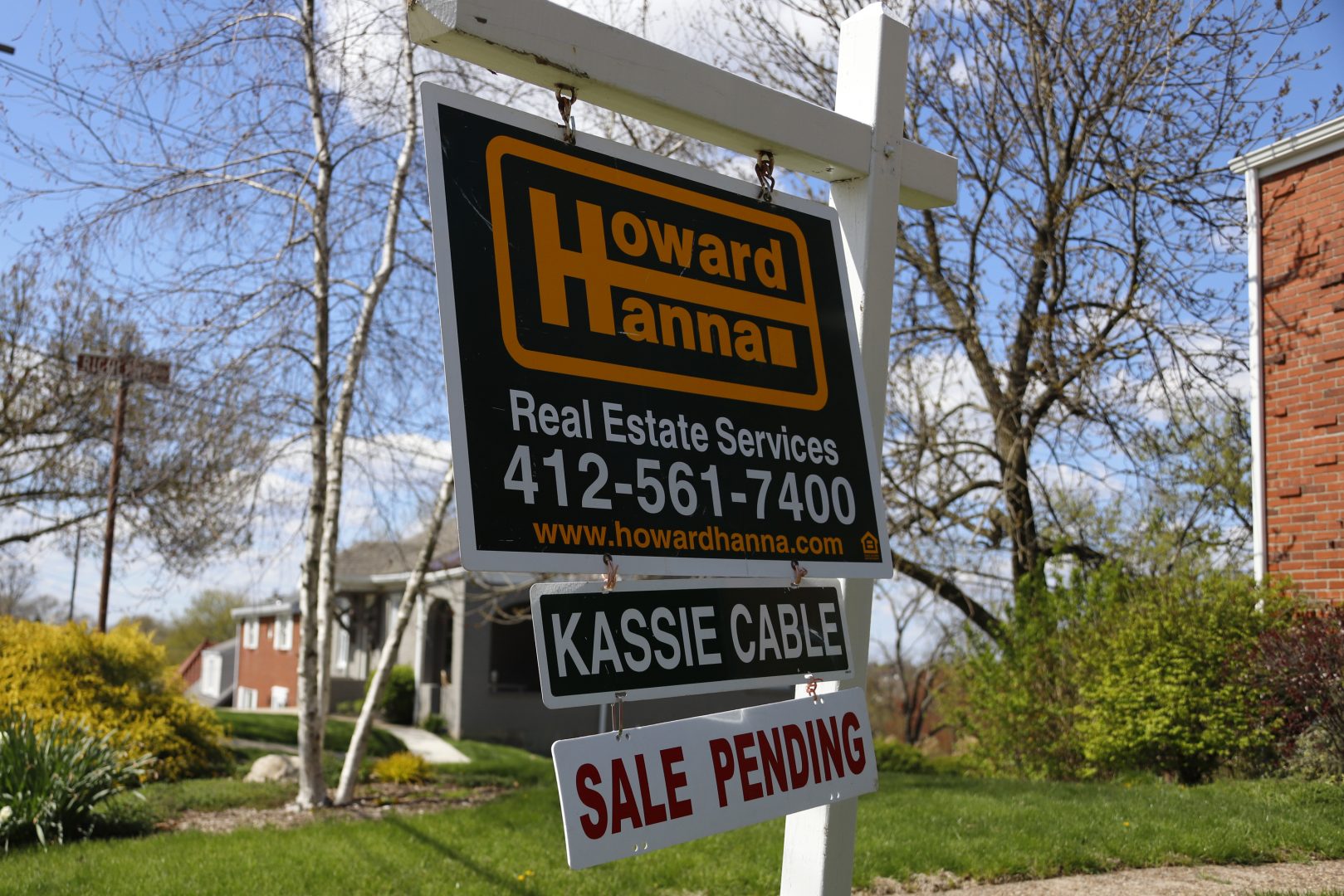 This is a sale pending sign on a home in Mount Lebanon, Pa., on April 27, 2020.  