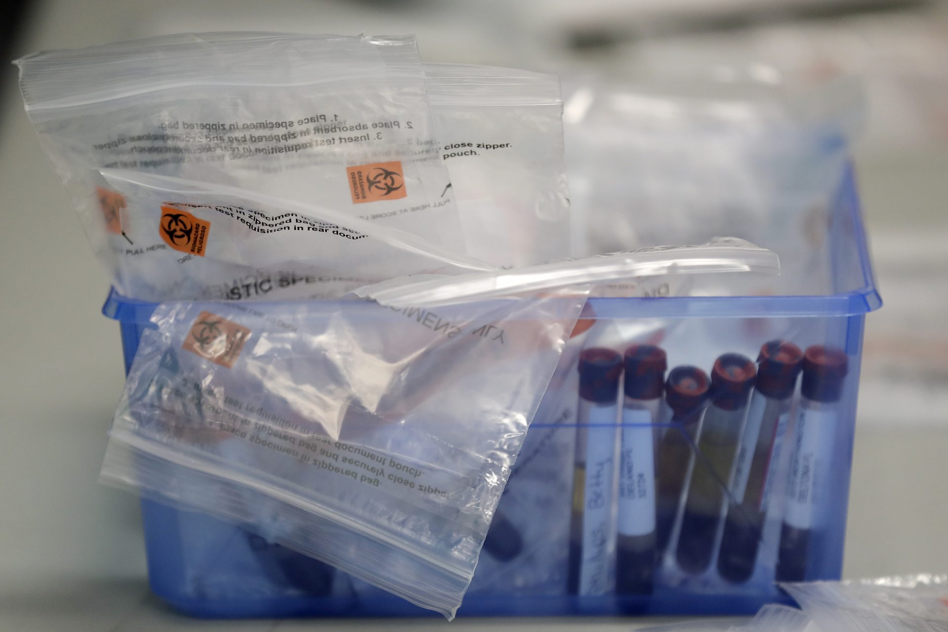 Before being sent to a lab, blood samples from COVID-19 antibody tests are packed in a container at the Volusia County Fairgrounds Tuesday, May 5, 2020, in DeLand, Fla.