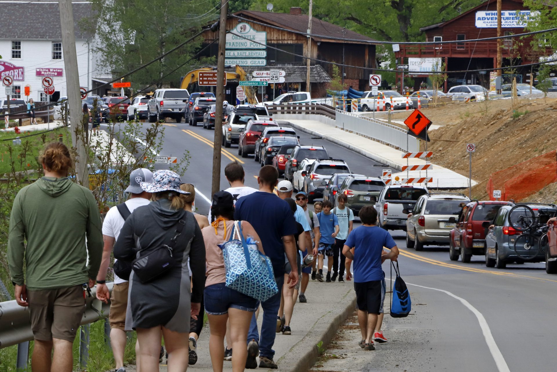 Traffic is backed up as people wait to get into Ohiopyle State Park in Ohiopyle, Pa. on Sunday, May 24, 2020.