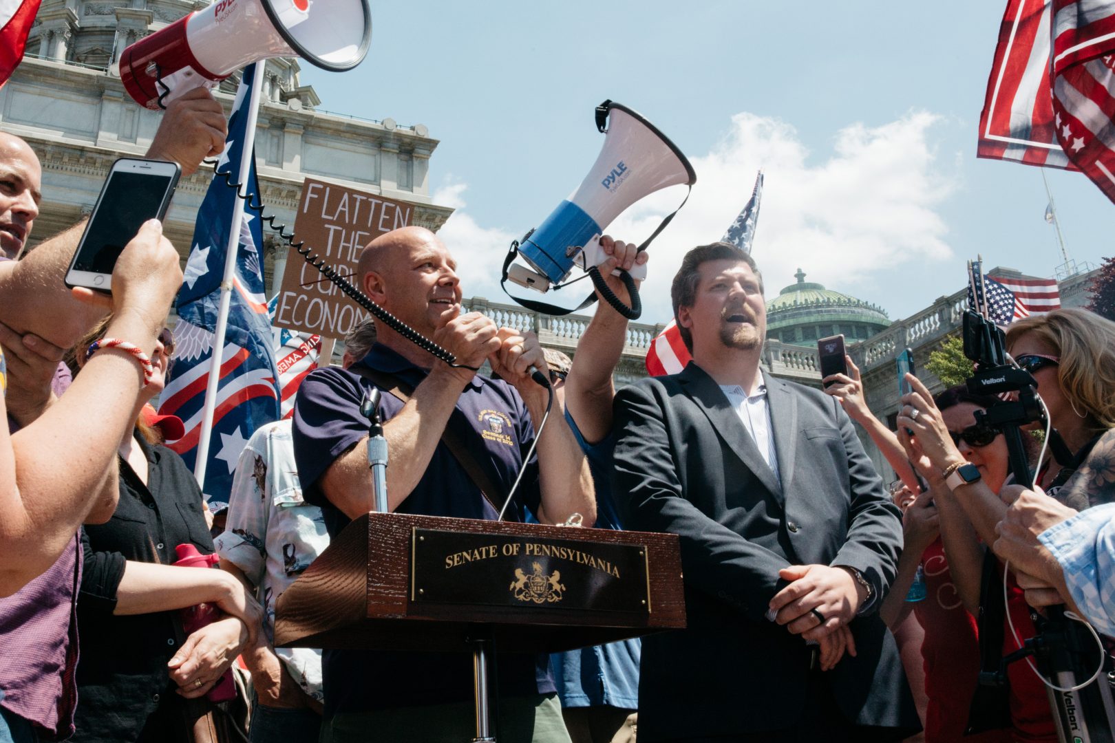 FILE PHOTO: State Sen. Doug Mastriano (R-Franklin) speaks at the May 15, 2020, protest outside the state capitol in Harrisburg, Pa.