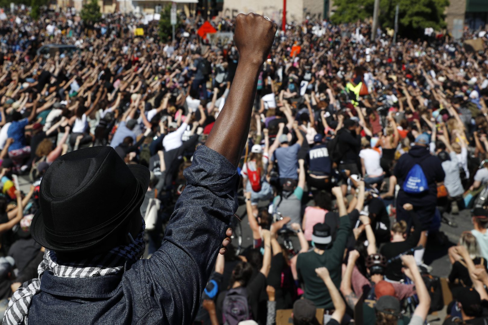 Protesters gather Saturday, May 30, 2020, in Minneapolis. Protests continued following the death of George Floyd, a black man who was killed in police custody in Minneapolis on May 25.  