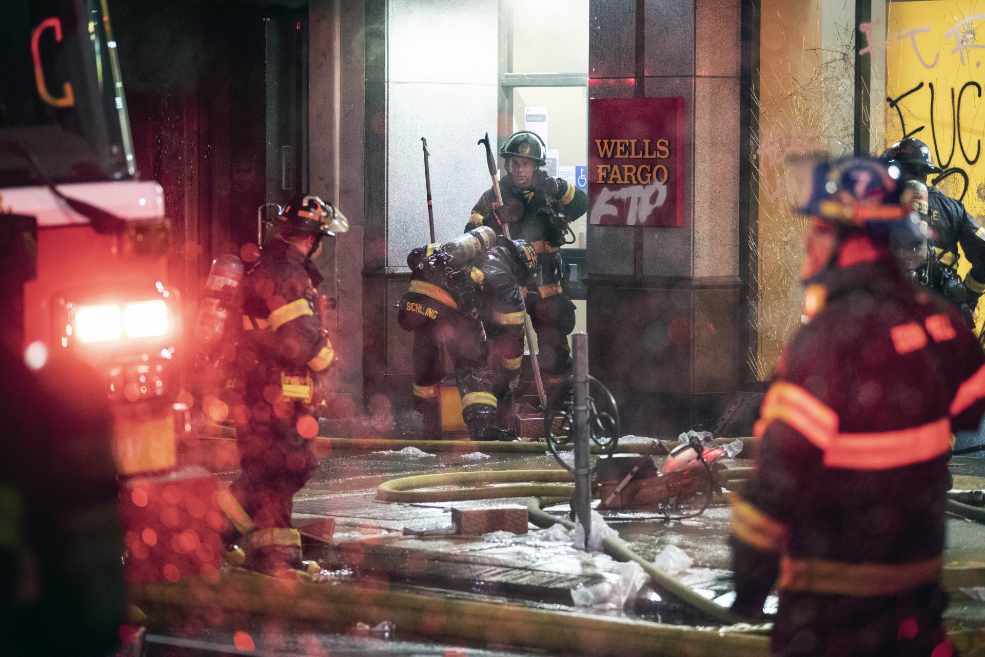 Firefighters battle a blaze during the Justice for George Floyd Philadelphia Protest on Saturday, May 30, 2020. Protests were held throughout the country over the death of Floyd, a black man who died after being restrained by Minneapolis police officers on May 25.