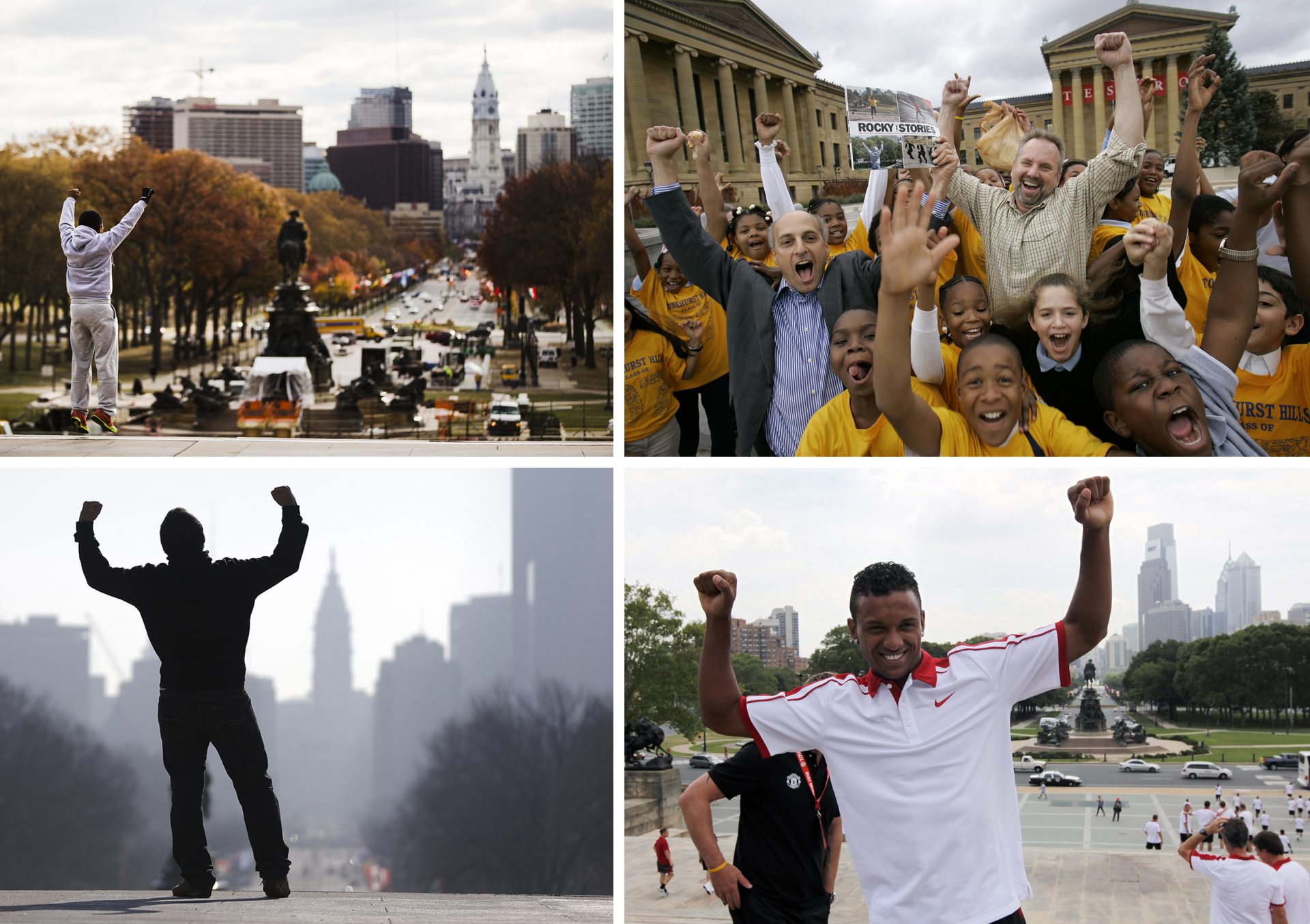 Clockwise from top left, are file photos showing people imitating the character Rocky Balboa from the 1976 movie "Rocky," on the steps of the Philadelphia Museum of Art. From top left are Alex Carrillo Quito of Ecuador on Feb. 15, 2013; Author Michael Vitez, left, and photographer Tom Gralish joined by fifth graders visiting from Upper Darby, Pa., on Nov. 16, 2006; Manchester United's Nani, July 20, 2010; and an unidentified tourist on Feb. 15, 2013. “Rocky” finished tied for No. 2 in The Associated Press Top 25 favorite sports movies poll.