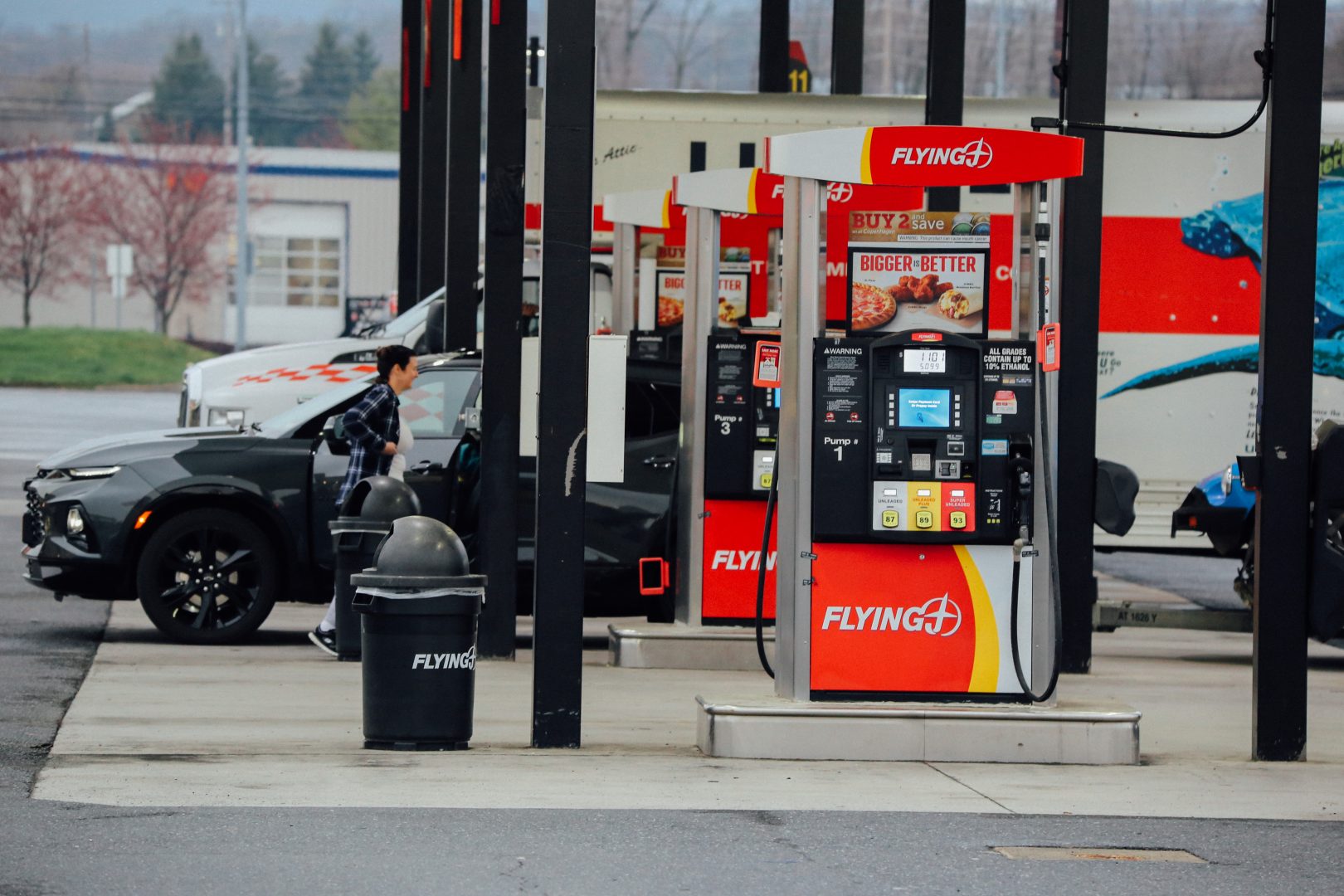 Drivers fill up on gas at a Flying J on April 1, 2020.
