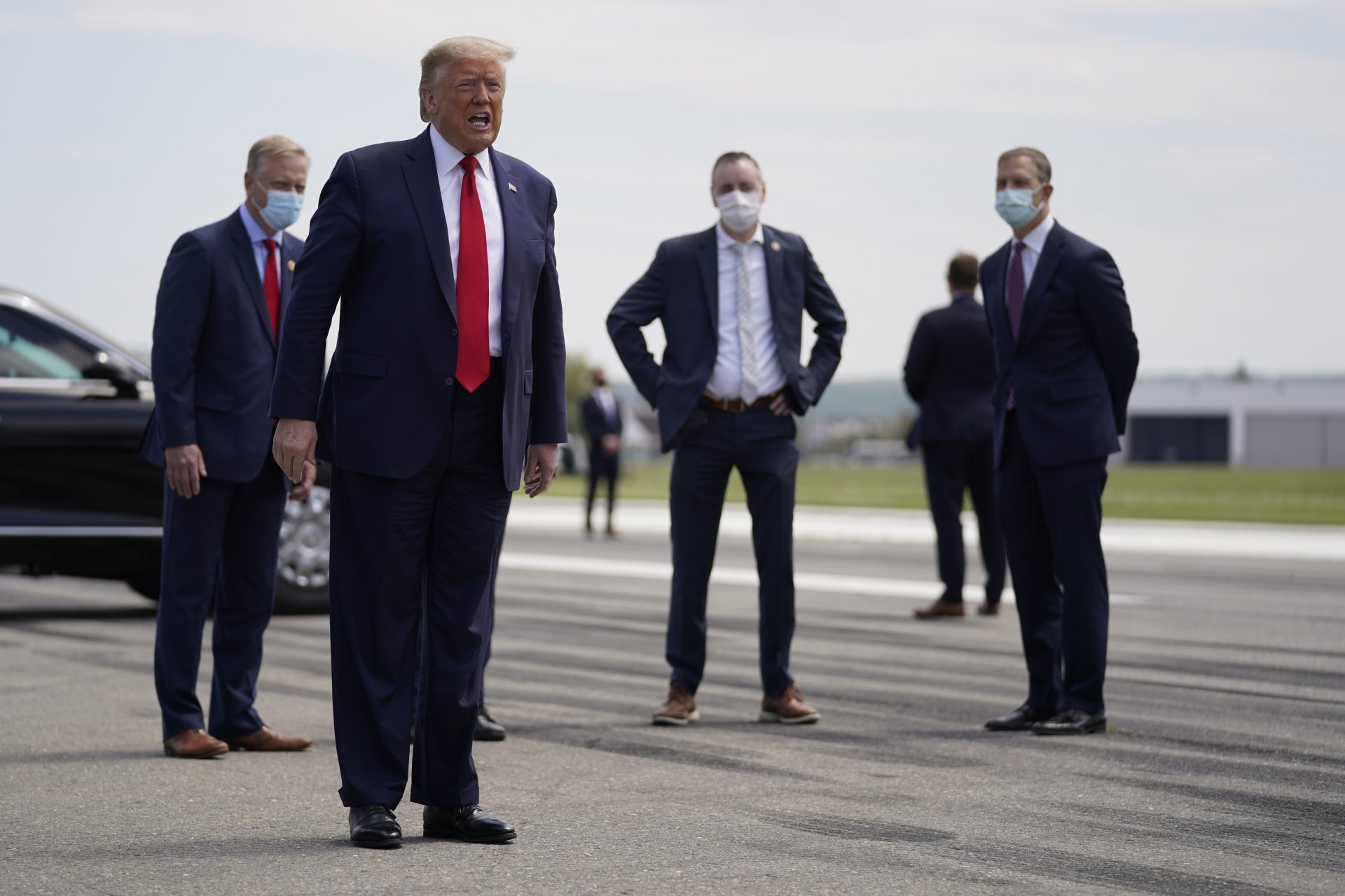 President Donald Trump speaks after exiting Air Force One at Lehigh Valley International Airport in Allentown, Pa., Thursday, May 14, 2020.