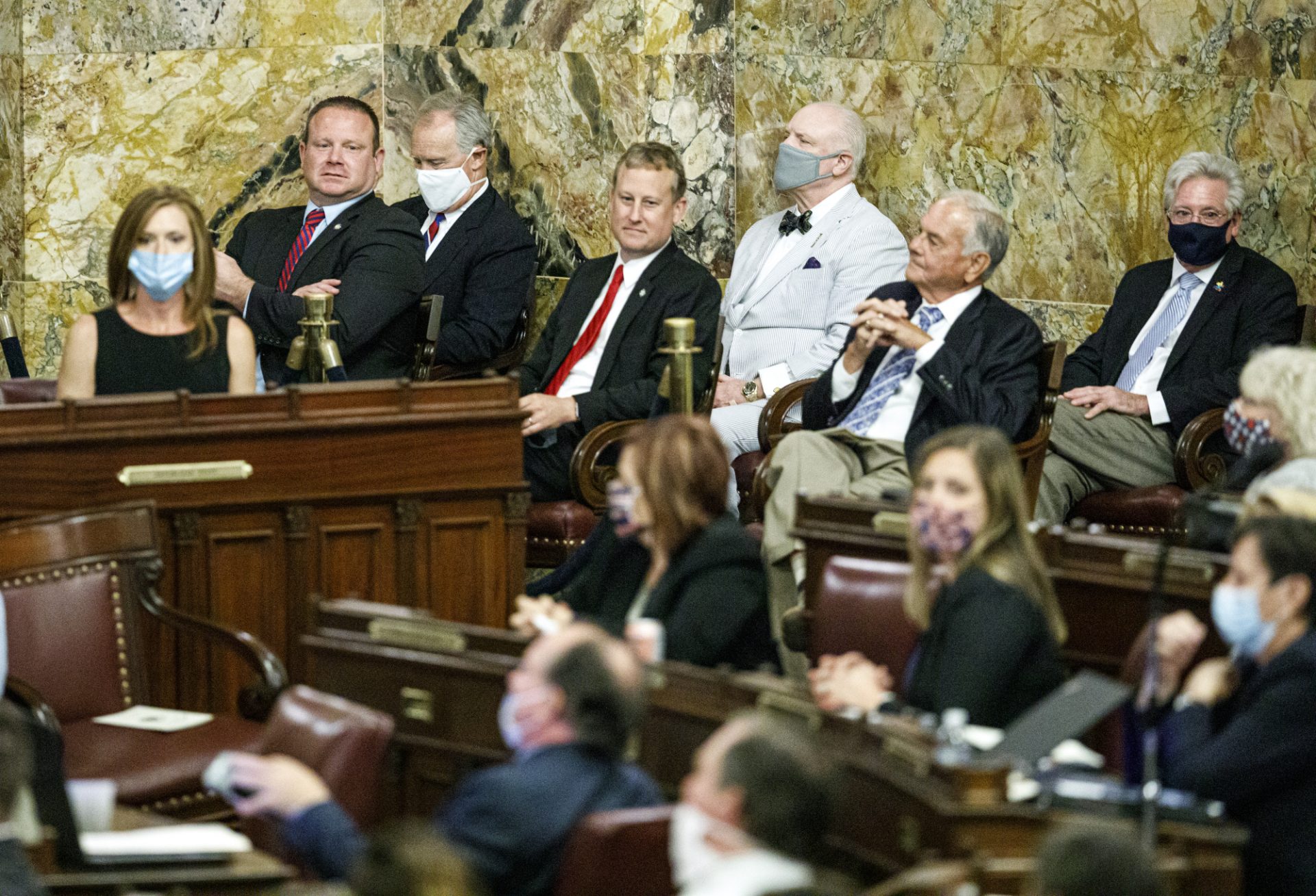 Former House Speakers, including Mike Turzai, third from left, are in attendance. State Rep. Bryan Cutler, R-Lancaster County, was elected to serve as Pennsylvania House Speaker, June 22, 2020.