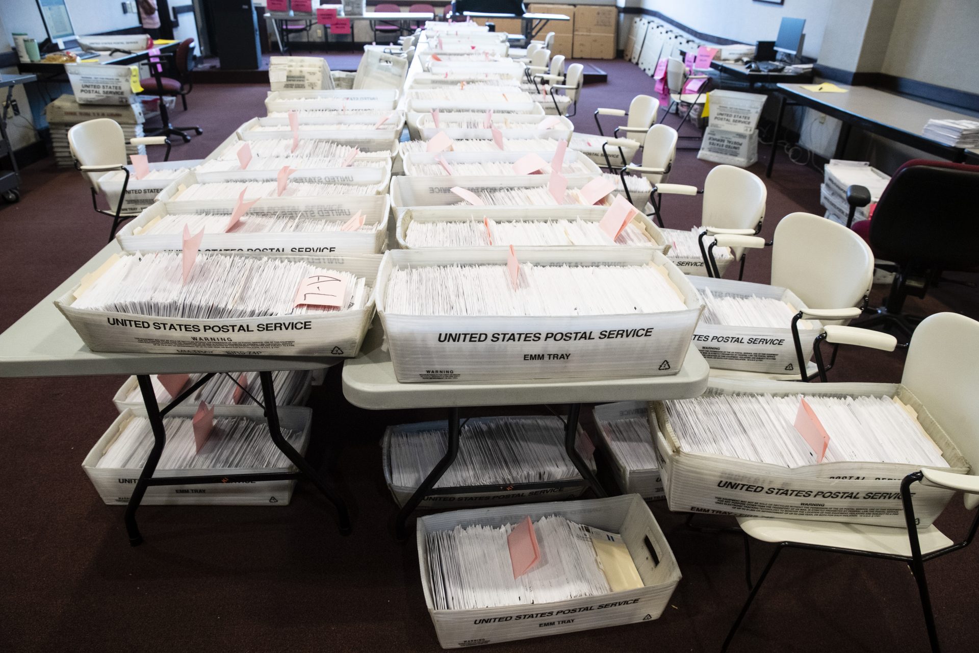 Processed mail-in ballots are seen at the Chester County Voter Services office in West Chester, Pa., prior to the primary election, Thursday, May 28, 2020.