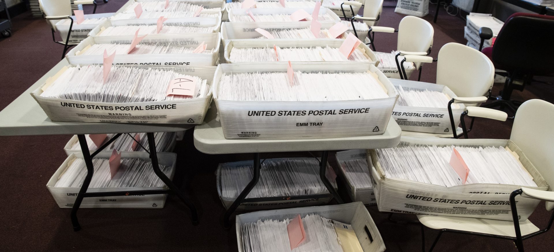 Processed mail-in ballots are seen at the Chester County Voter Services office in West Chester, Pa., prior to the primary election, Thursday, May 28, 2020.