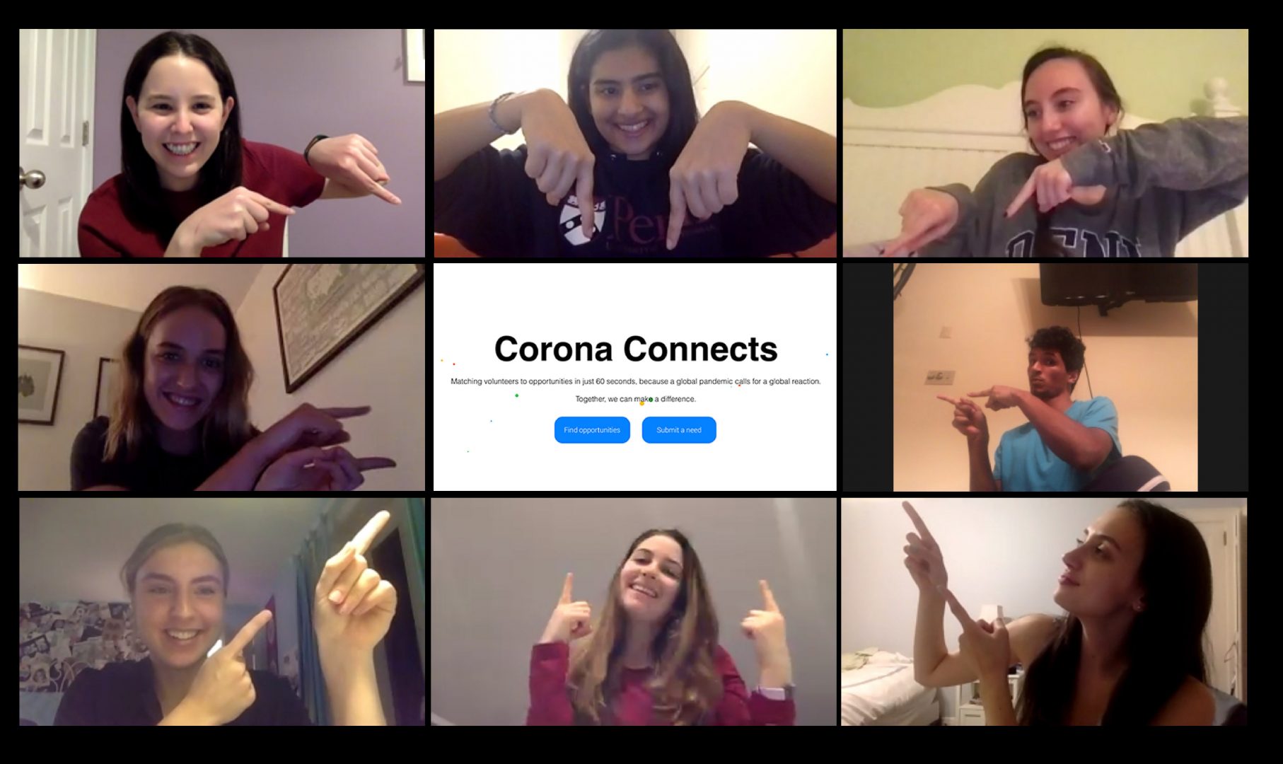 In this May 17, 2020, still image taken from a video conference call, Hadassah Raskas, 22, and other leaders of the website Corona Connects promote opportunities for people to volunteer during the coronavirus pandemic. 