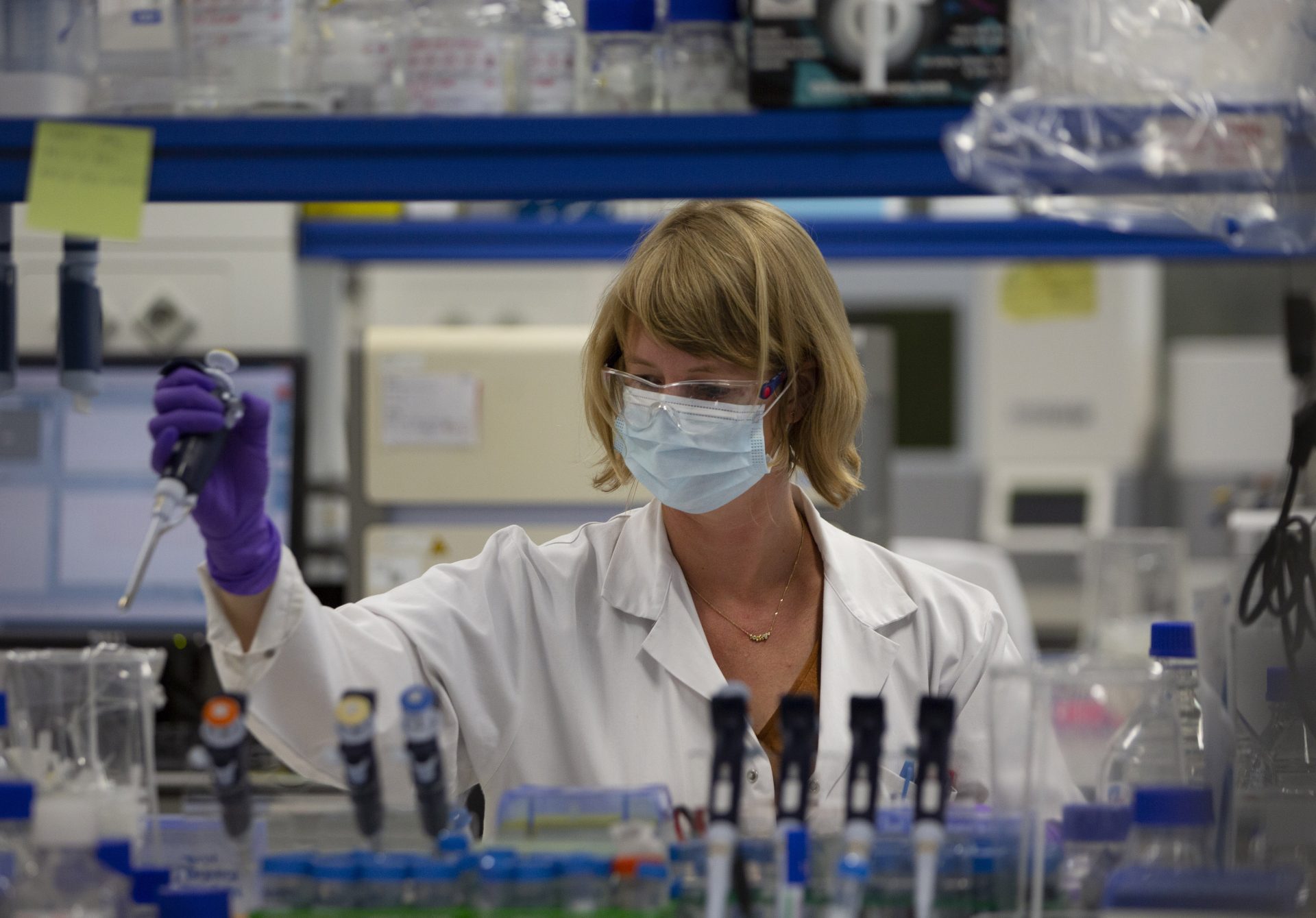 A lab technician works during research on coronavirus, COVID-19, at Johnson & Johnson subsidiary Janssen Pharmaceutical in Beerse, Belgium, Wednesday, June 17, 2020. Janssen Pharmaceutical hopes to begin clinical trials on a potential vaccine for COVID-19 in the middle of the summer.