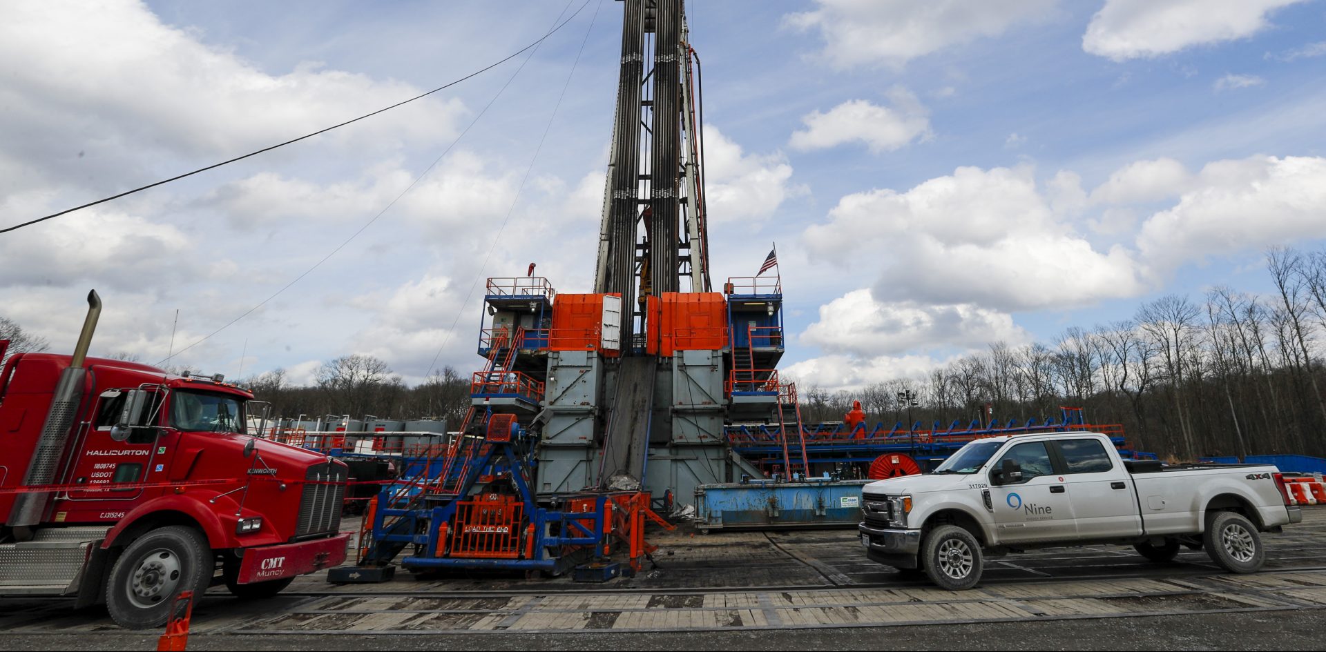 FILE—In this file photo from March 12, 2020, work continues at a shale gas well drilling site in St. Mary's, Pa. 