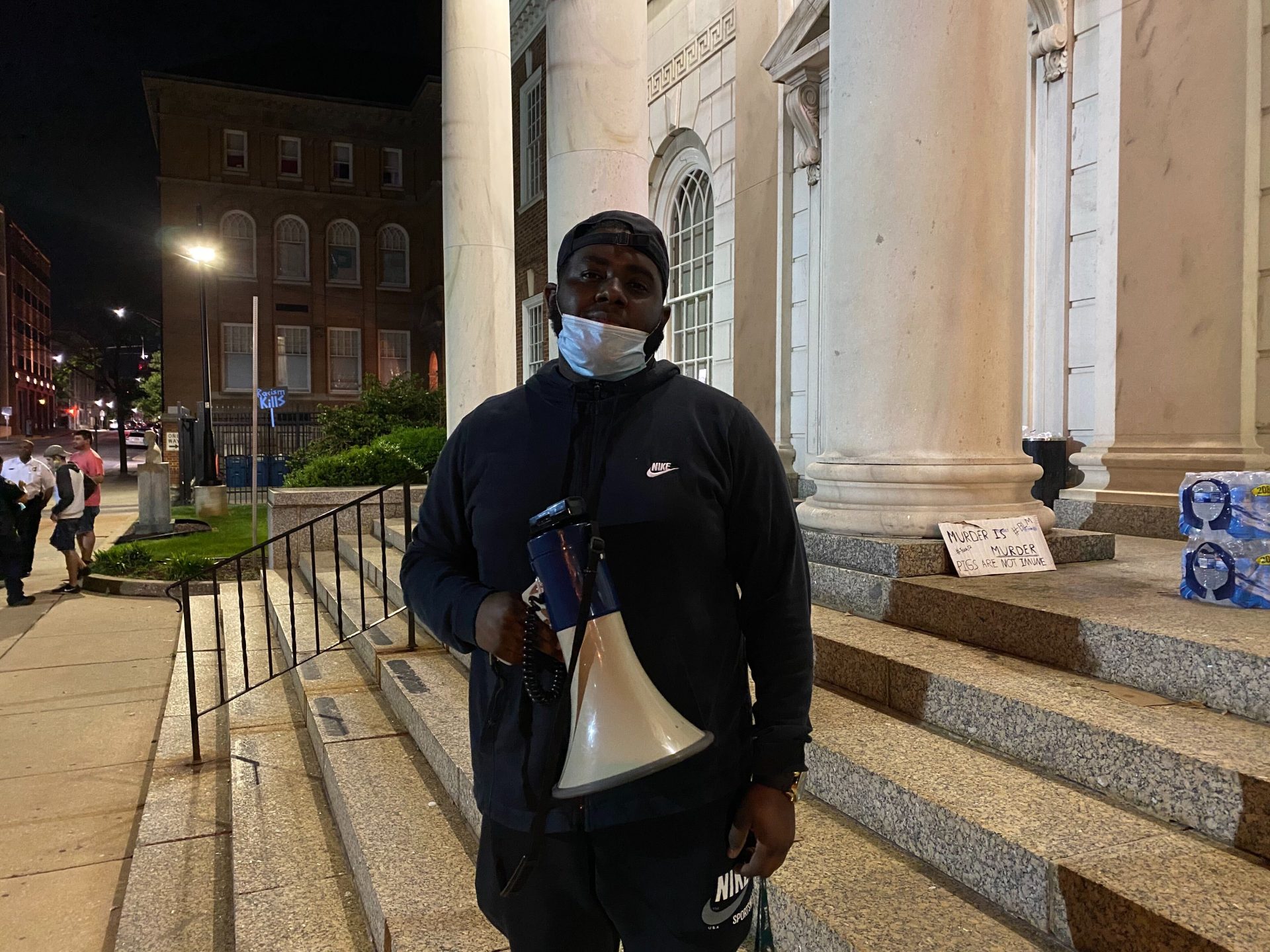 Harold Miller III lent his bullhorn to a group of protesters who formed on the steps of the York City Police Department Building on June 2.