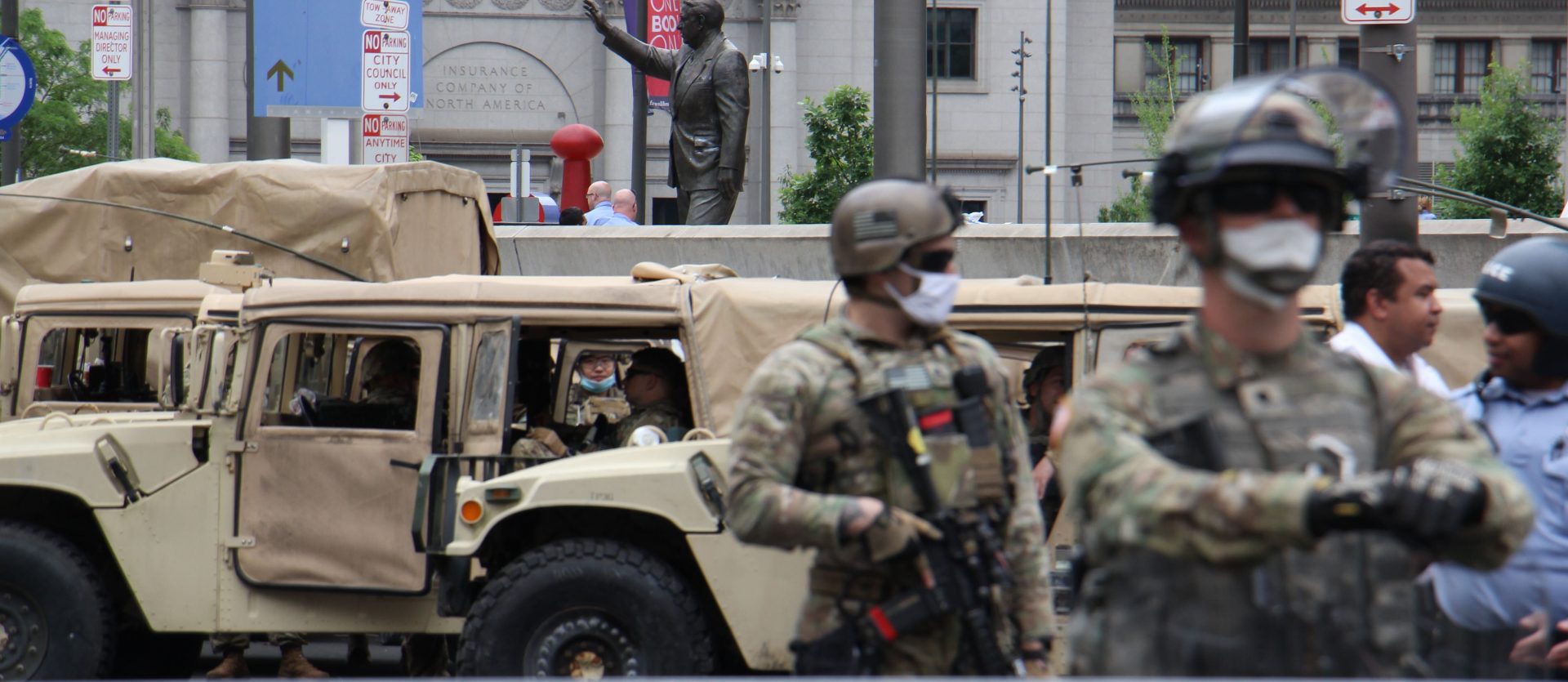 The National Guard protects the Frank Rizzo statue in Philadelphia.