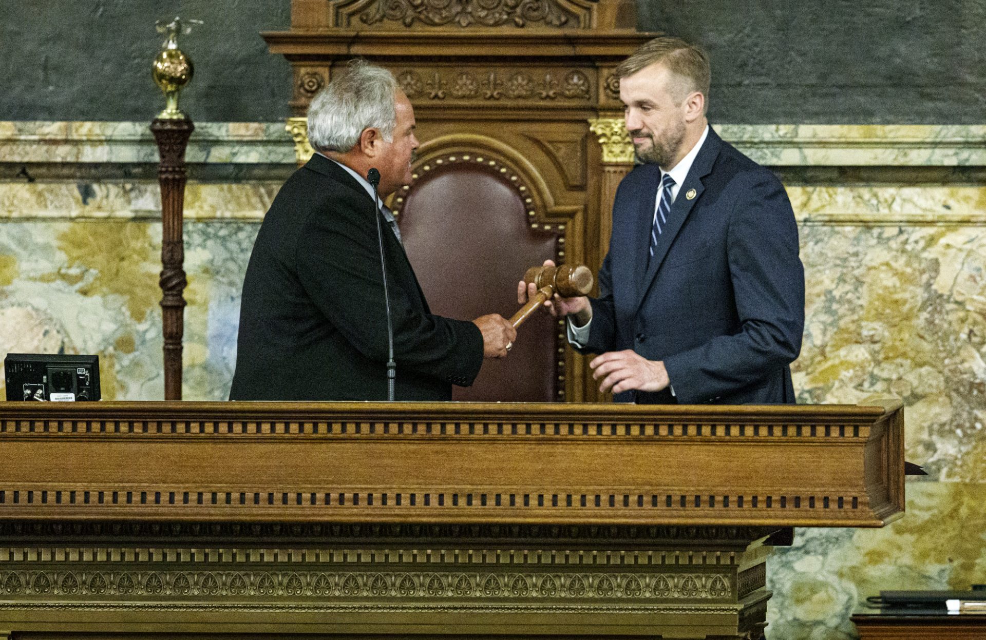 Former state Rep. Scott Boyd, left, hands the gavel to state Rep. Bryan Cutler, R-Lancaster County, after he was elected to serve as Pennsylvania House Speaker, June 22, 2020.