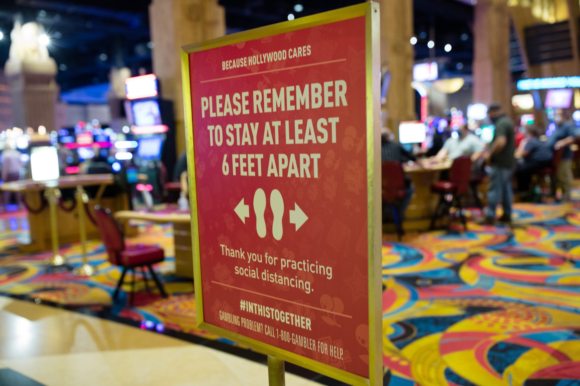 A sign directs patrons to maintain their distance at Hollywood Casino in Grantville on Friday, June 19, 2020.