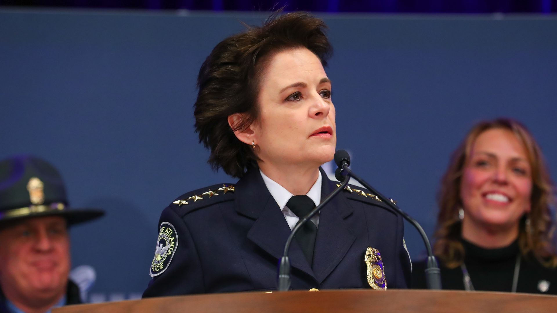 Atlanta Chief of Police Erika Shields during the security press conference during Super Bowl LIII week in January 2019. Shields resigned a day after police shot and killed a 27-year-old black man.