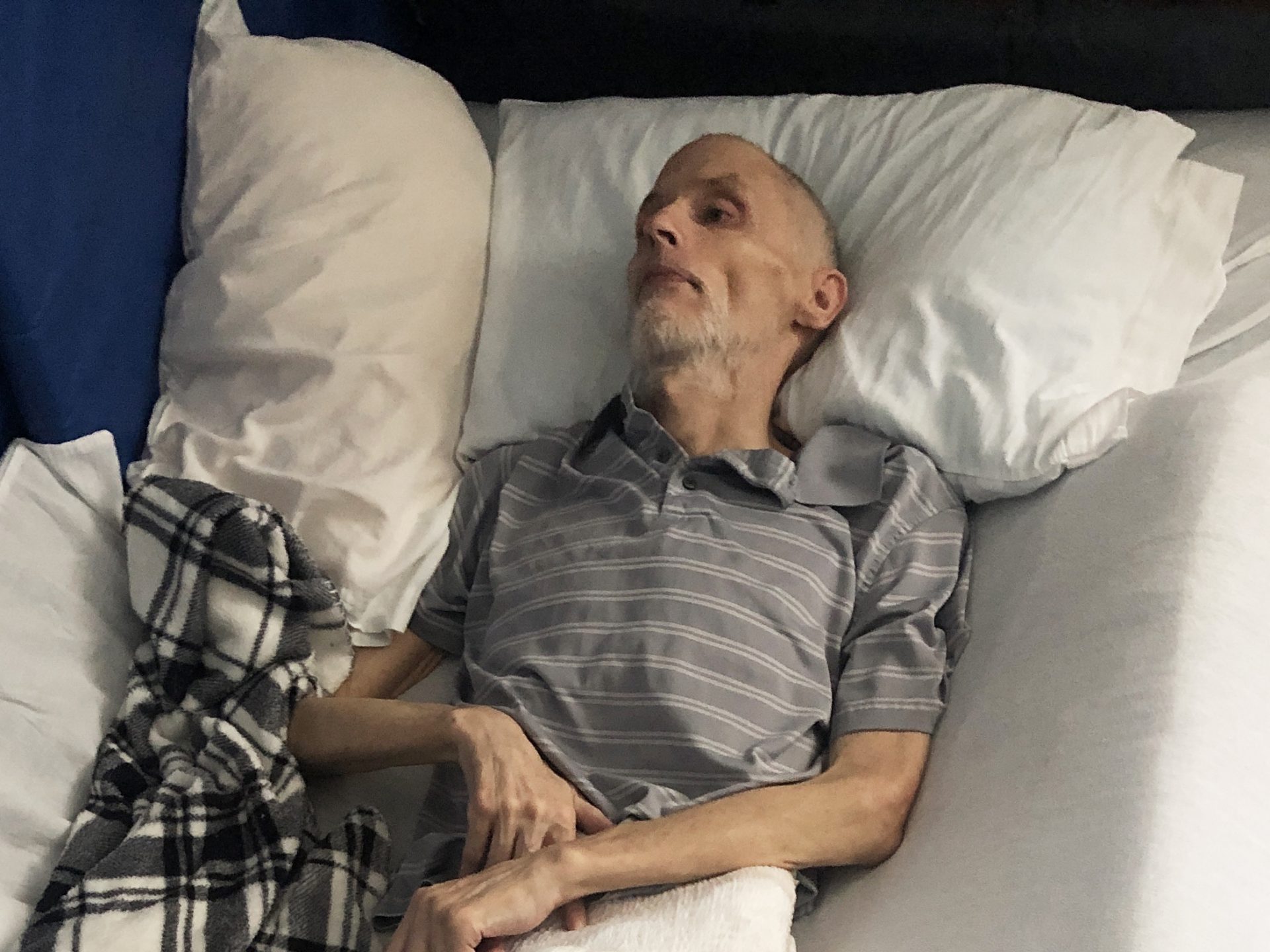 During the coronavirus restrictions, Matt's health declined rapidly and his weight dipped down to 90 pounds. Nancy moved him to a hospice facility that allowed family visitors. He died a few days later, with his wife and his daughter holding his hands.
