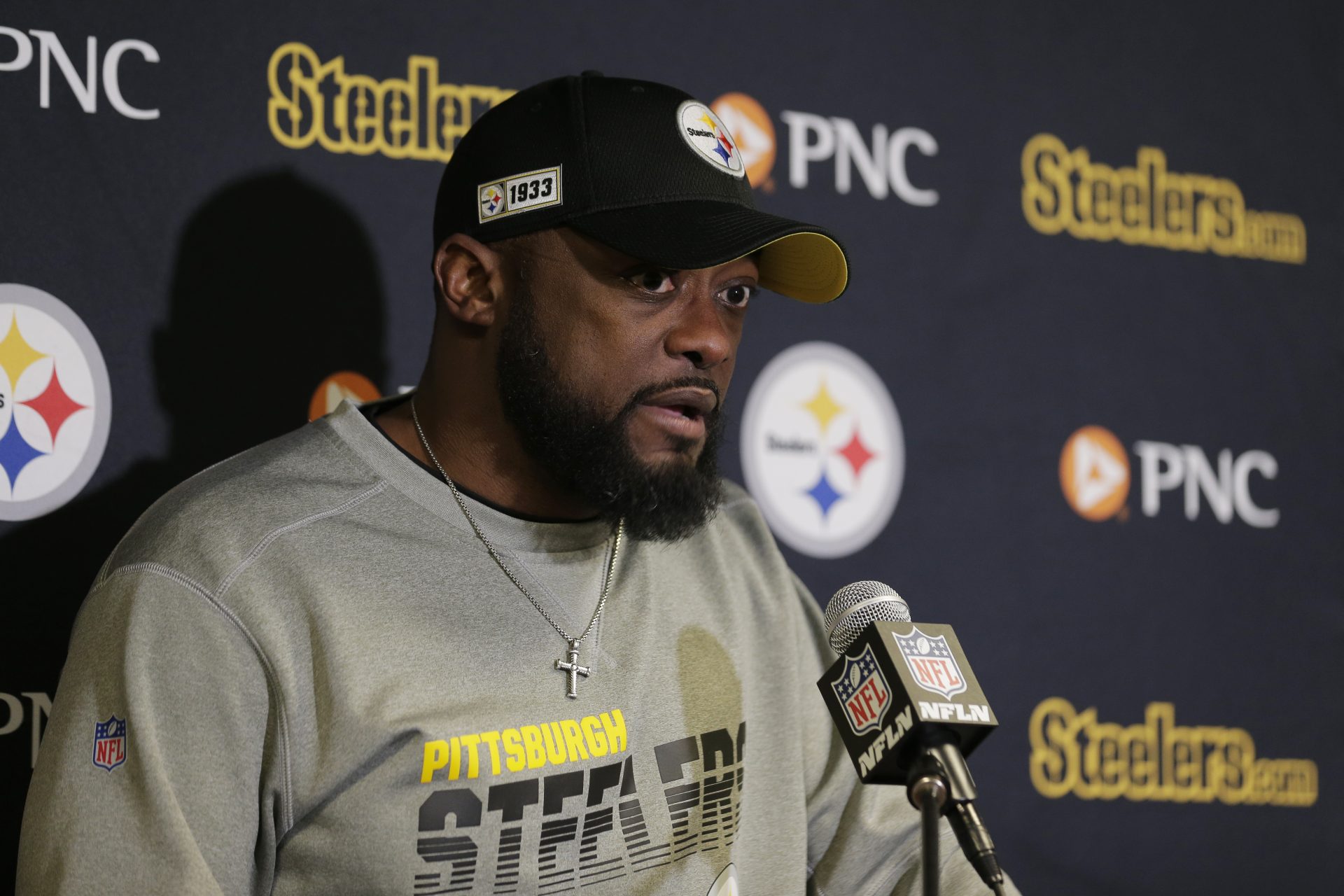 Pittsburgh Steelers head coach Mike Tomlin talks during a post game news conference after an NFL football game against the New York Jets, Sunday, Dec. 22, 2019, in East Rutherford, N.J.