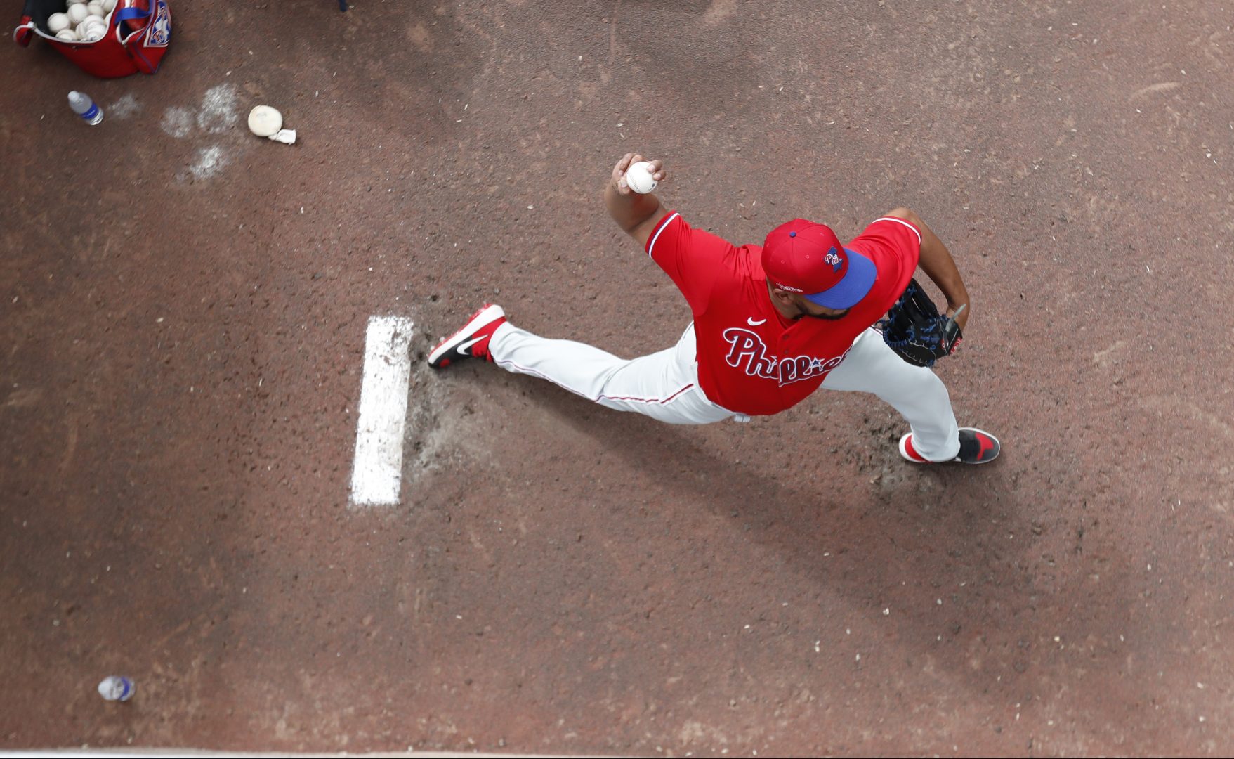 Philadelphia Phillies relief pitcher Deolis Guerra throws in the bullpen during a spring training baseball game, Sunday, March 8, 2020, in Dunedin, Fla. 