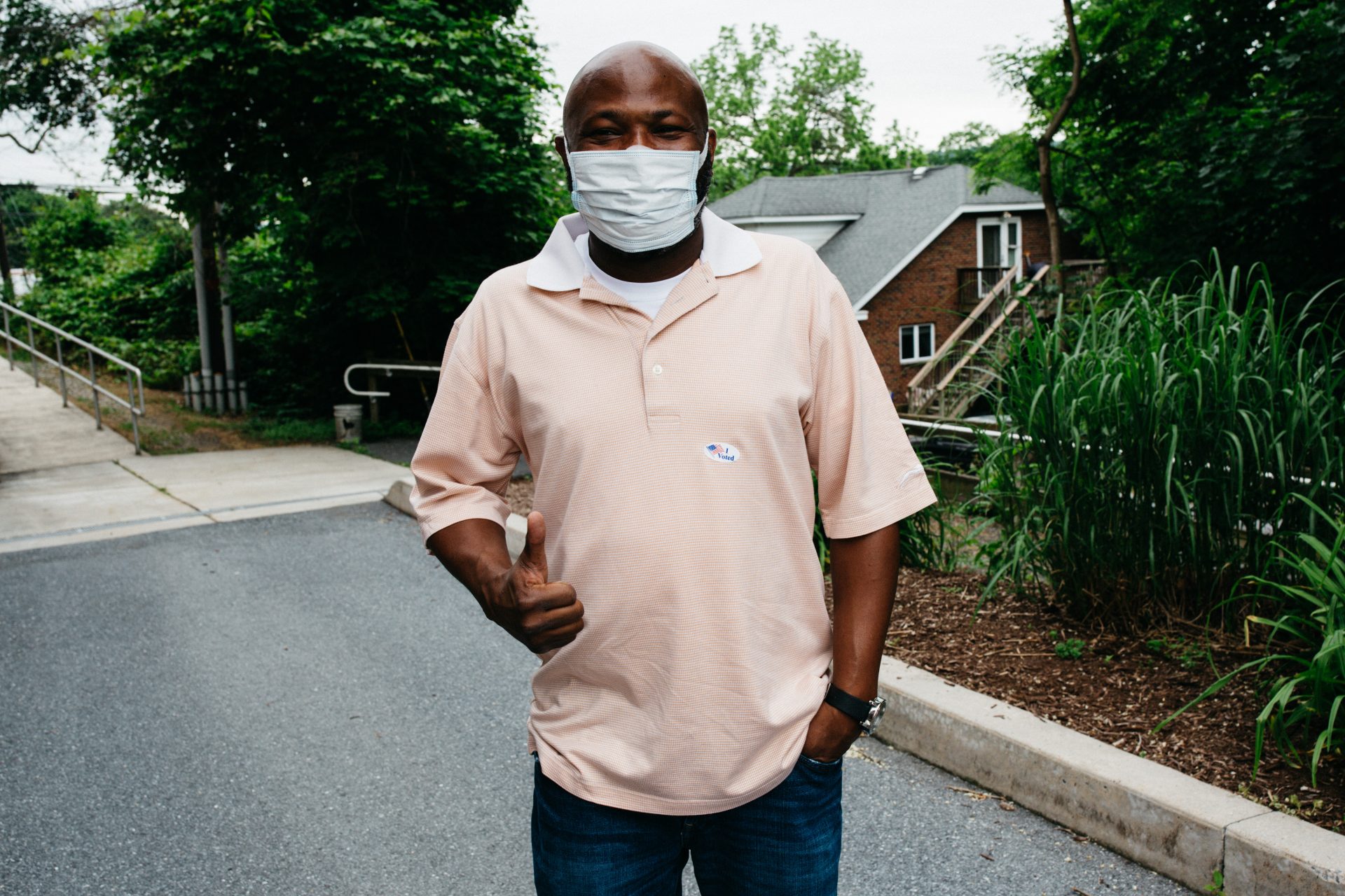 A voter exiting the East Pennsboro 9 polling place, located at the East Penn Senior Center in Enola, Pa., on June 2, 2020.