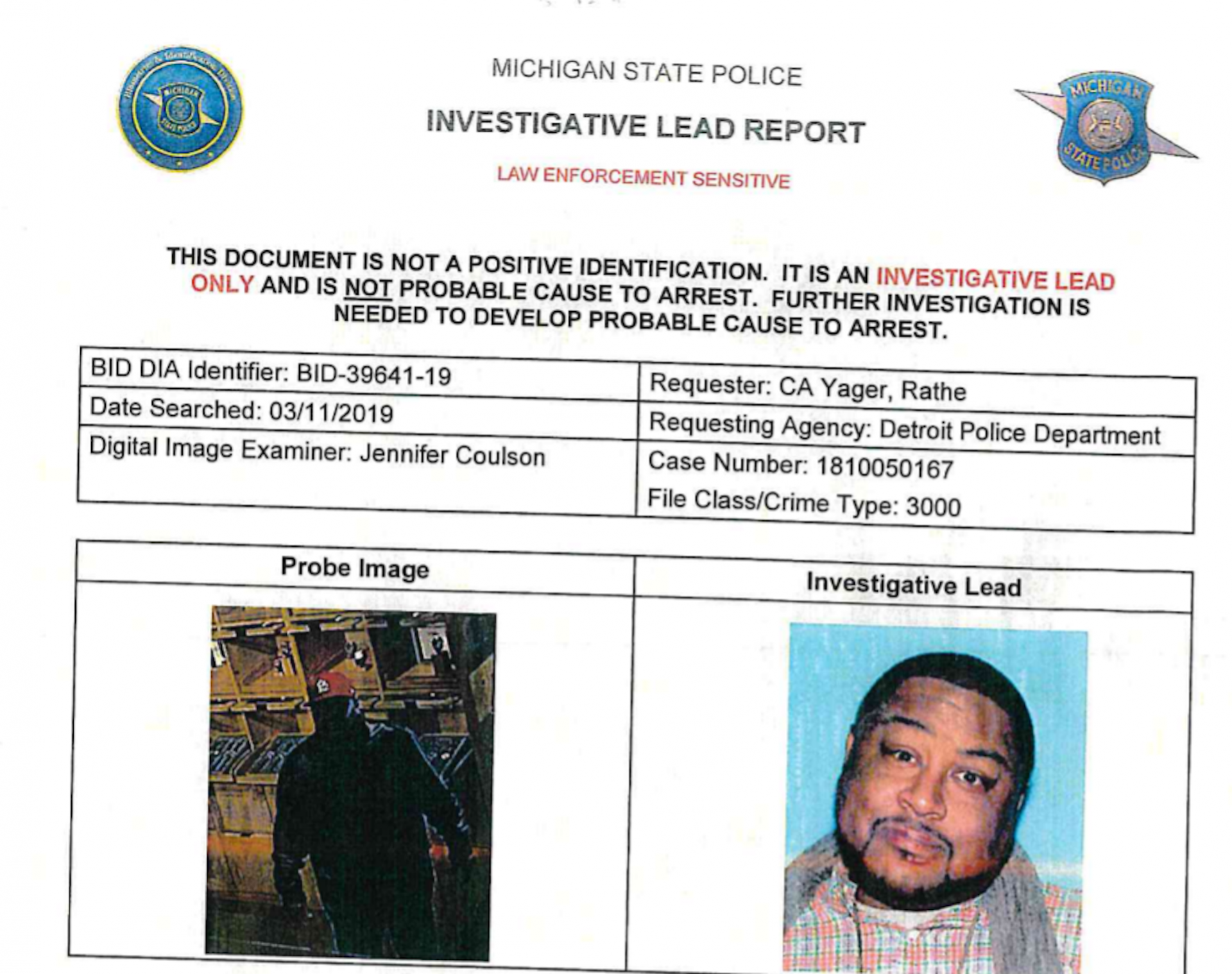 A photo of the suspect in a theft case in Detroit, left, next to the driver's license photo of Robert Williams. An algorithm said Williams was the suspect, but the tool produced a false hit.