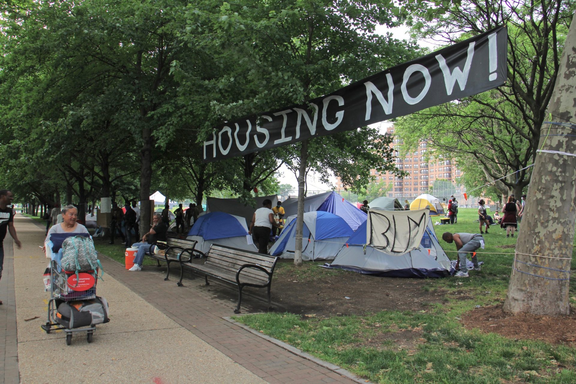 By June 11, 2020, some 40 tents had popped up on the Ben Franklin Parkway at 22nd Street, part of a protest against a law that prohibits camping on public property.