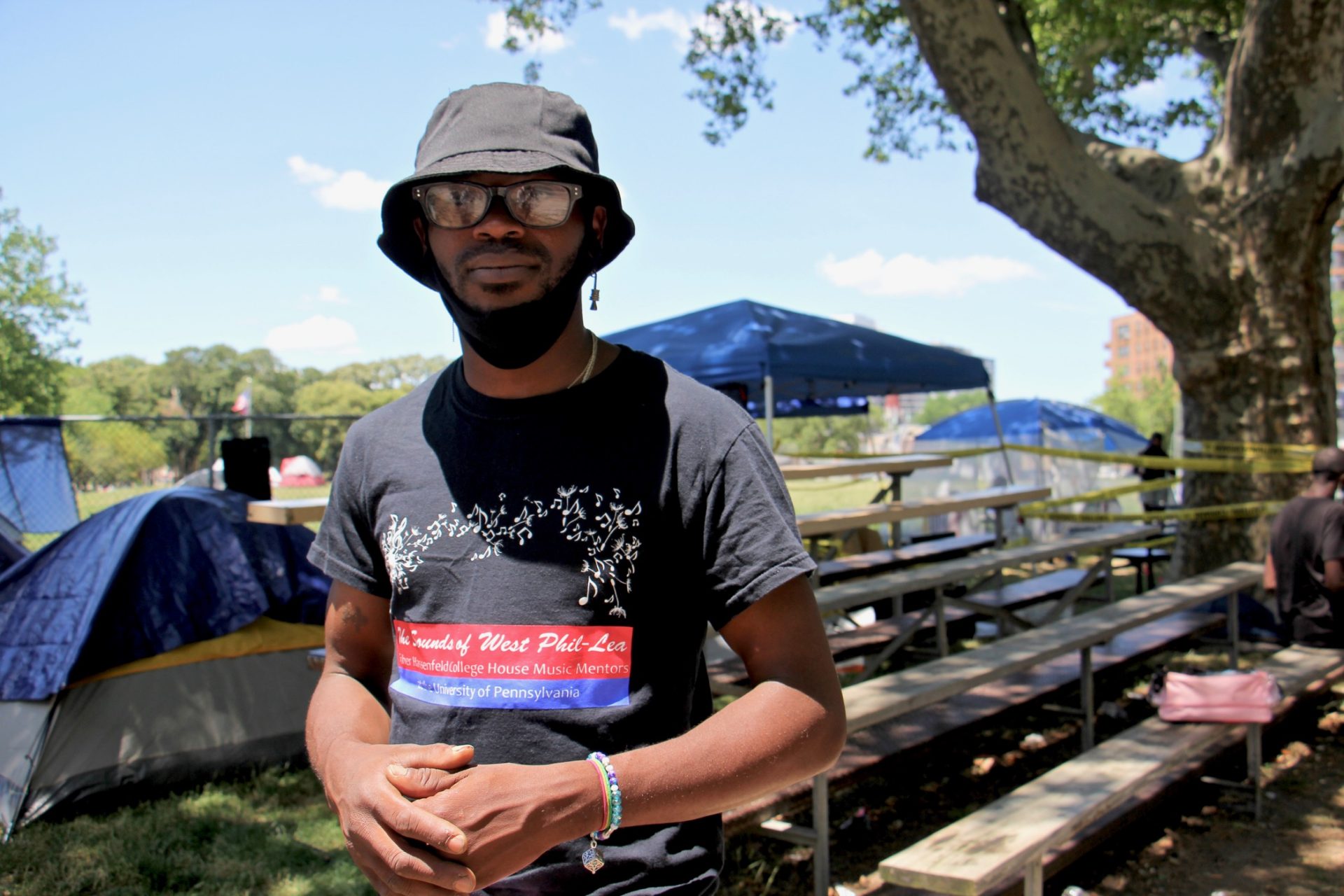 Jeremy Williams is housing coordinator at the homeless encampment on the Ben Franklin Parkway. He says more than 200 donated tents have been distributed, most of which have been pitched in the area around Von Colln Field.
