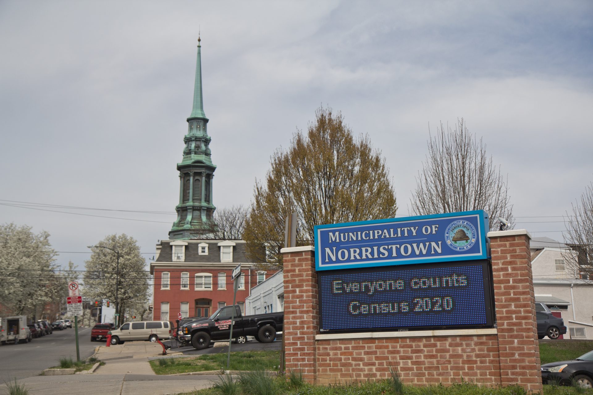 A digital information sign at Norristown’s municipal complex advertises the 2020 census.