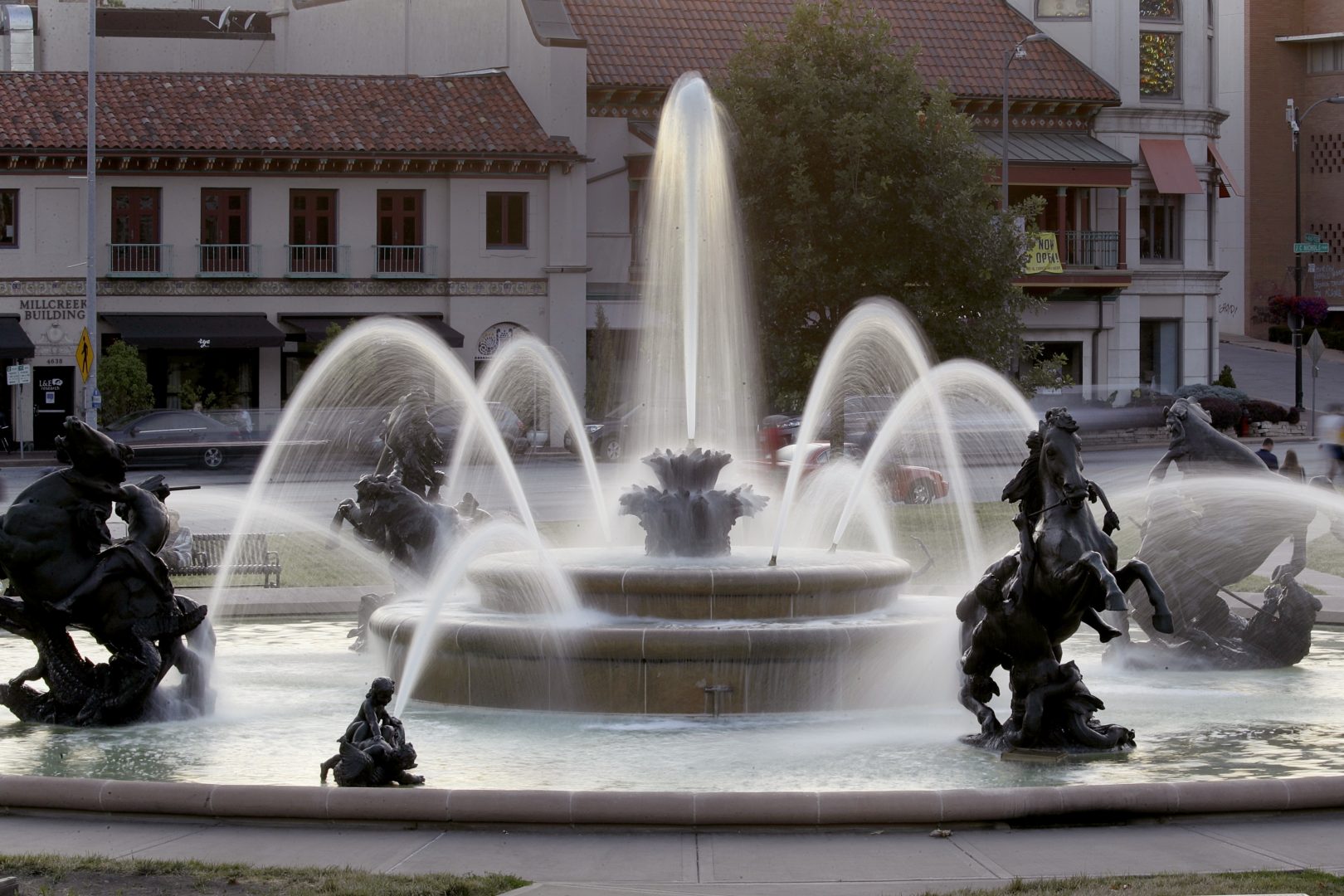 In this June 23, 2020 file photo, the J.C. Nichols fountain is seen in Kansas City, Mo. Kansas City officials have voted to remove the name of influential developer  J.C. Nichols from the city's most recognizable fountain because he barred Blacks and Jews from his neighborhoods.  