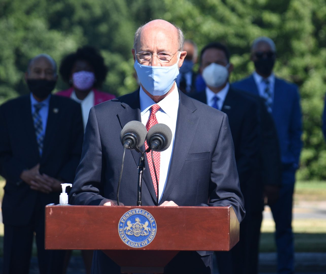 Gov. Tom Wolf speaks during a news conference outside the Pennsylvania Commission on Crime and Delinquency in Harrisburg, Pa., on July 14, 2020.