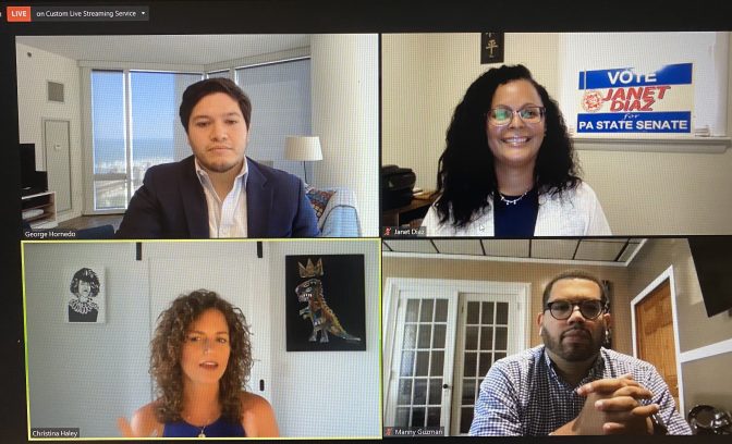 Latino Victory Project's Christina Haley facilitates a zoom call between George Hornedo, Janet Diaz, Manuel Guzman, and Pete Buttigieg, who signed off after the first half of the meeting.