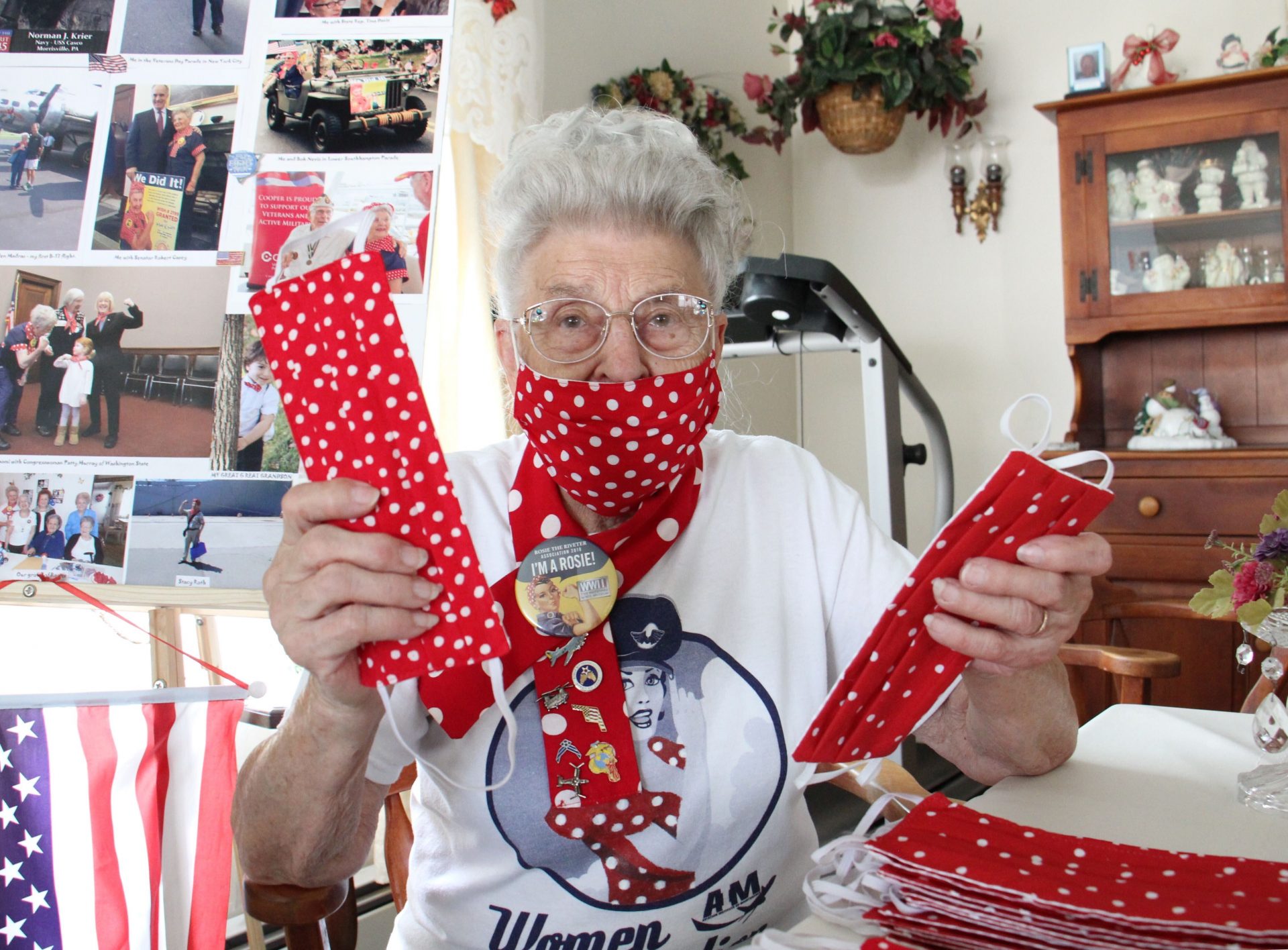 Mae Krier is busy sewing face masks in the ‘Rosie the Riveter’ pattern at her home in Levittown, Pa.