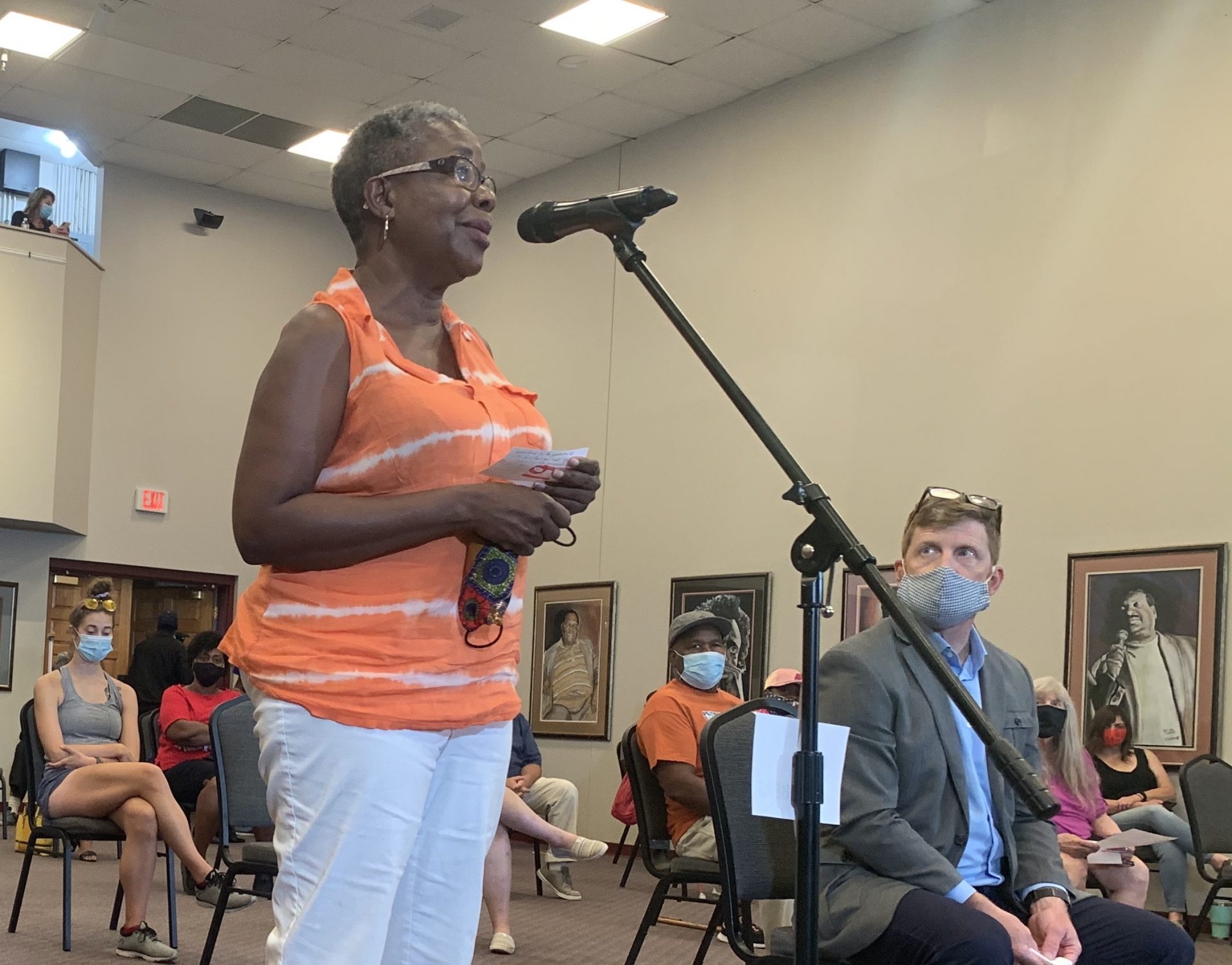 Wanda Taylor of Kansas City, speaking a public meeting in favor of changing the name of the fountain honoring J.C. Nichols, a Kansas City developer who barred Blacks and Jews from his neighborhoods.