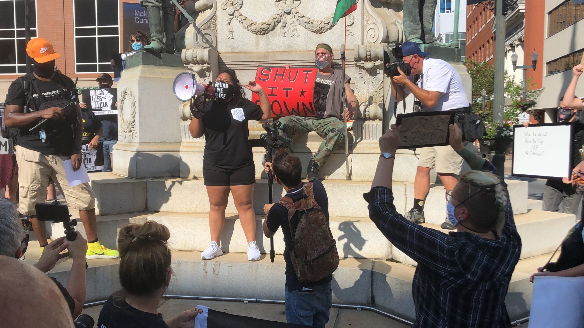 Activist Maegan Llerena addresses a crowd of protesters in Allentown, Pa. who gathered Monday, July 13, 2020,