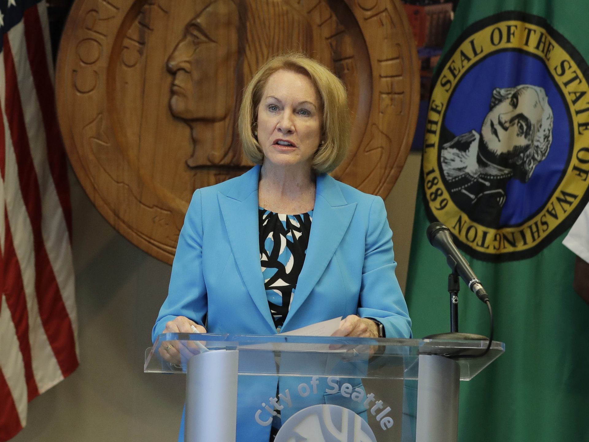 Seattle Mayor Jenny Durkan speaks earlier this month at a news conference. Durkan and the governor of Washington state said U.S. officers sent to protect federal buildings in the city have since left.
