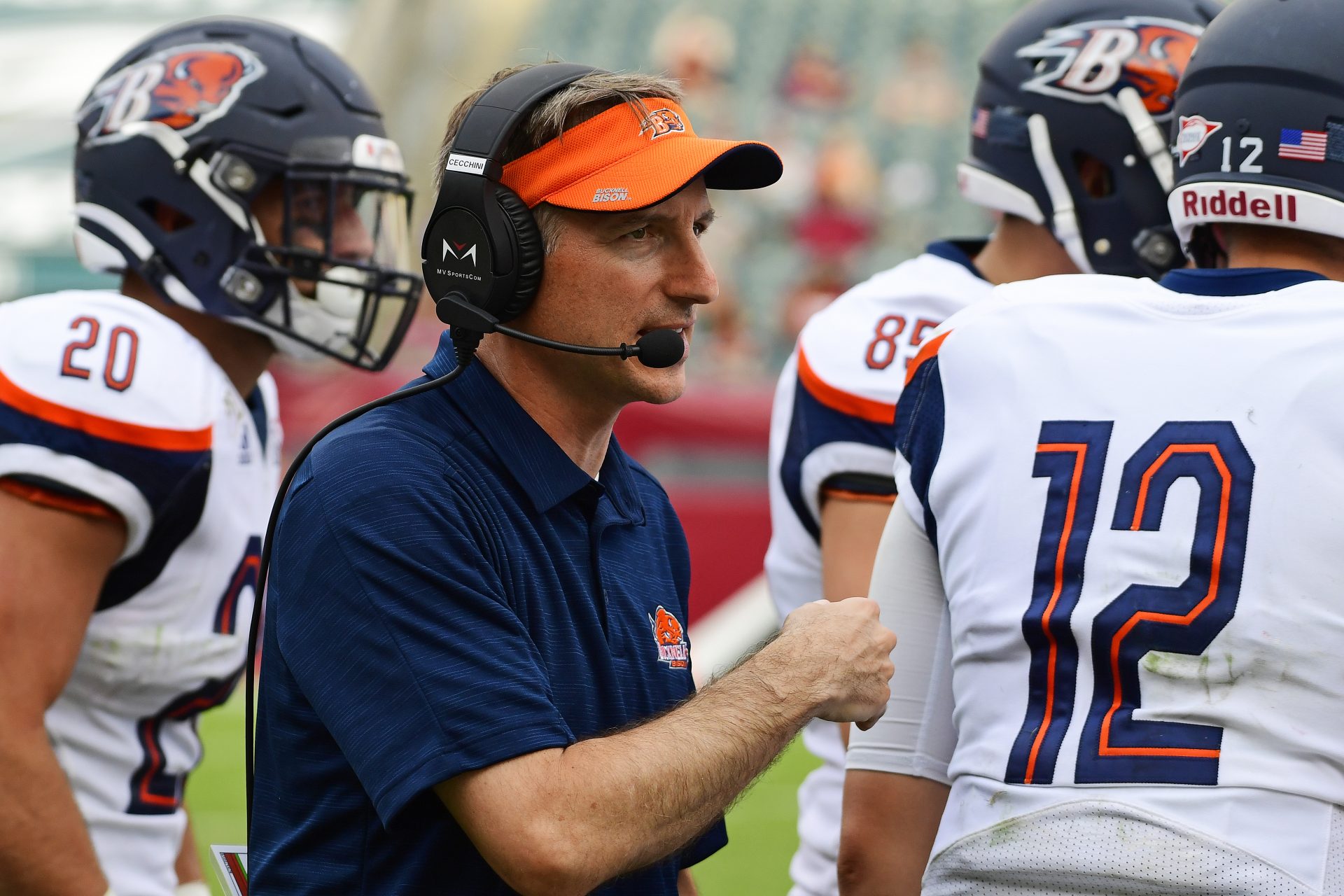 Bucknell Head Coach Dave Cecchini talks to his team during the fourth quarter of an NCAA football game against Temple at Lincoln Financial Field on Saturday, Aug. 31, 2019 in Philadelphia.