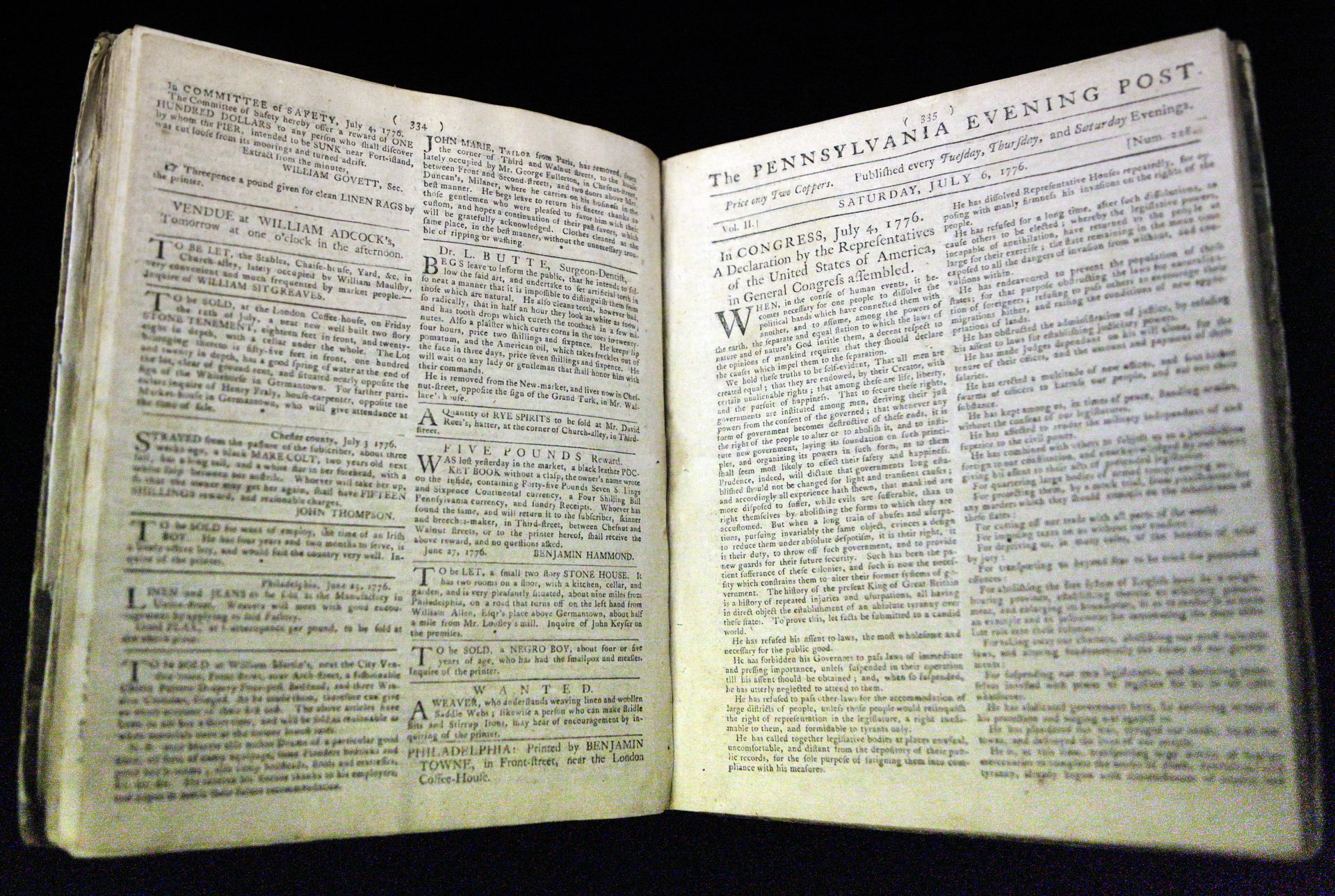 In this Thursday, June 28, 2012 photo is the first newspaper printing of the Declaration of Independence on July 6, 1776 in The Pennsylvania Evening Post, according to Scott Stephenson.