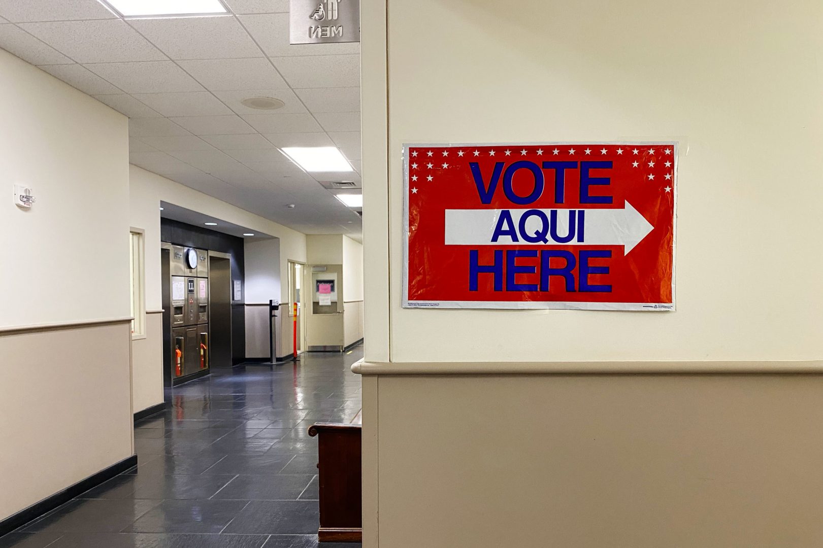 A sign directs people to vote at the Northampton County Offices in Easton, Pa.