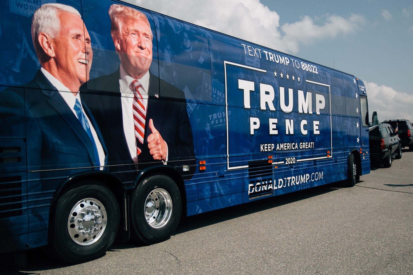 A Trump-Pence 2020 campaign bus parked at the Lancaster airport on July 9, 2020. Vice President Mike Pence flew into Lancaster for a fundraiser in Manheim, then traveled by bus for appearances in Chester County and Philadelphia.