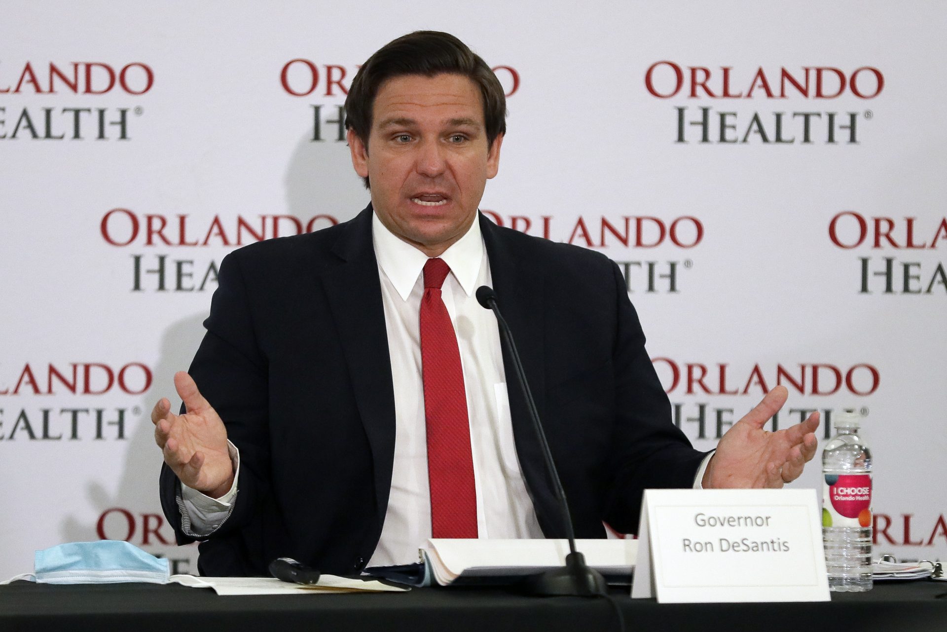 Florida Gov. Ron DeSantis speaks at a news conference at Orlando Regional Medical Center Tuesday, June 23, 2020, in Orlando, Fla. DeSantis spoke about Florida's caseload of coronavirus topping 100,000.