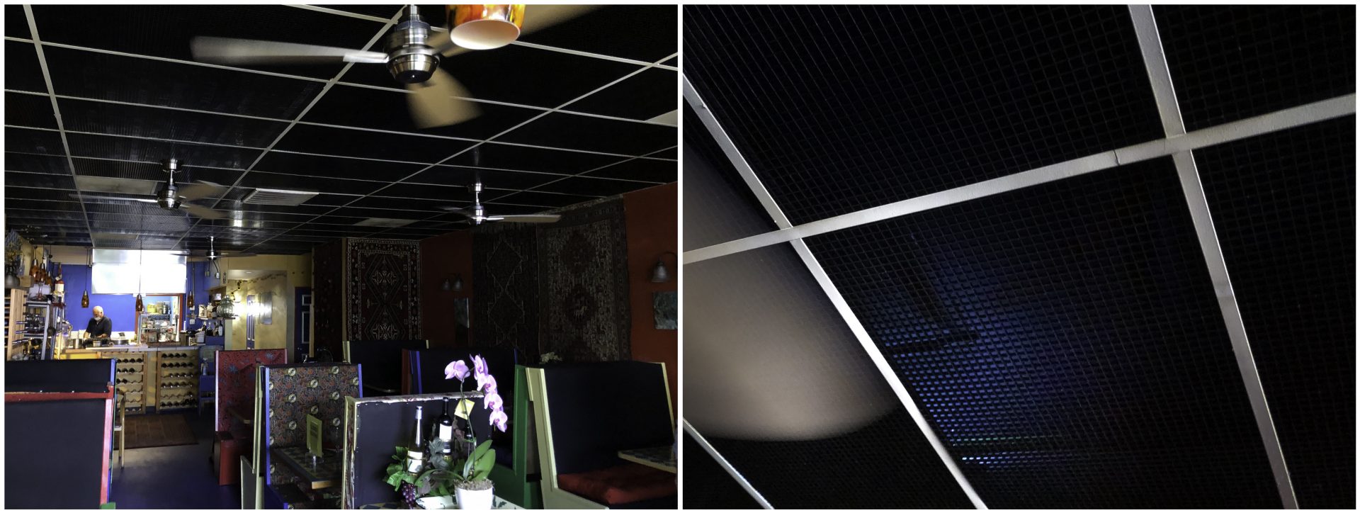 Left: The inside of Marlaina's Mediterranean Eatery. Right: The faint blue glow of ultraviolet fixtures mounted above the restaurant's ceiling panels create a "killing zone" that can wipe out viral aerosols that build up in the air. Some experts are calling for wider adoption of UV light to help disinfect the air in indoor settings.