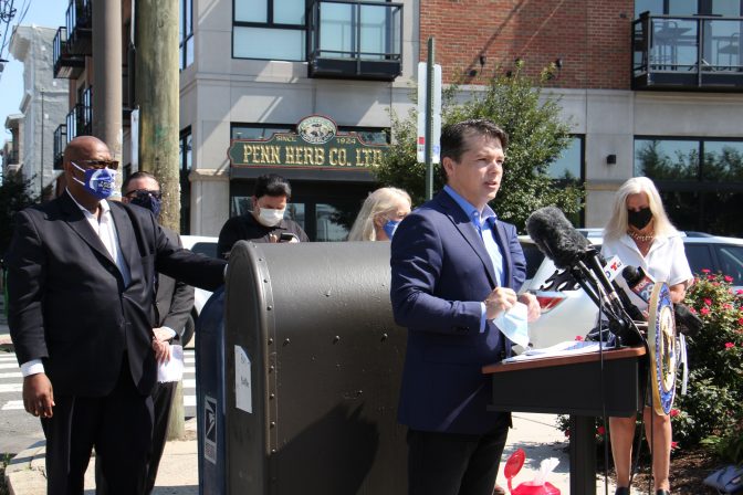 U.S. Rep. Brendan Boyle joins federal, state and local officials at Second and Spring Garden streets to call for emergency funding for the struggling U.S. Postal Service.