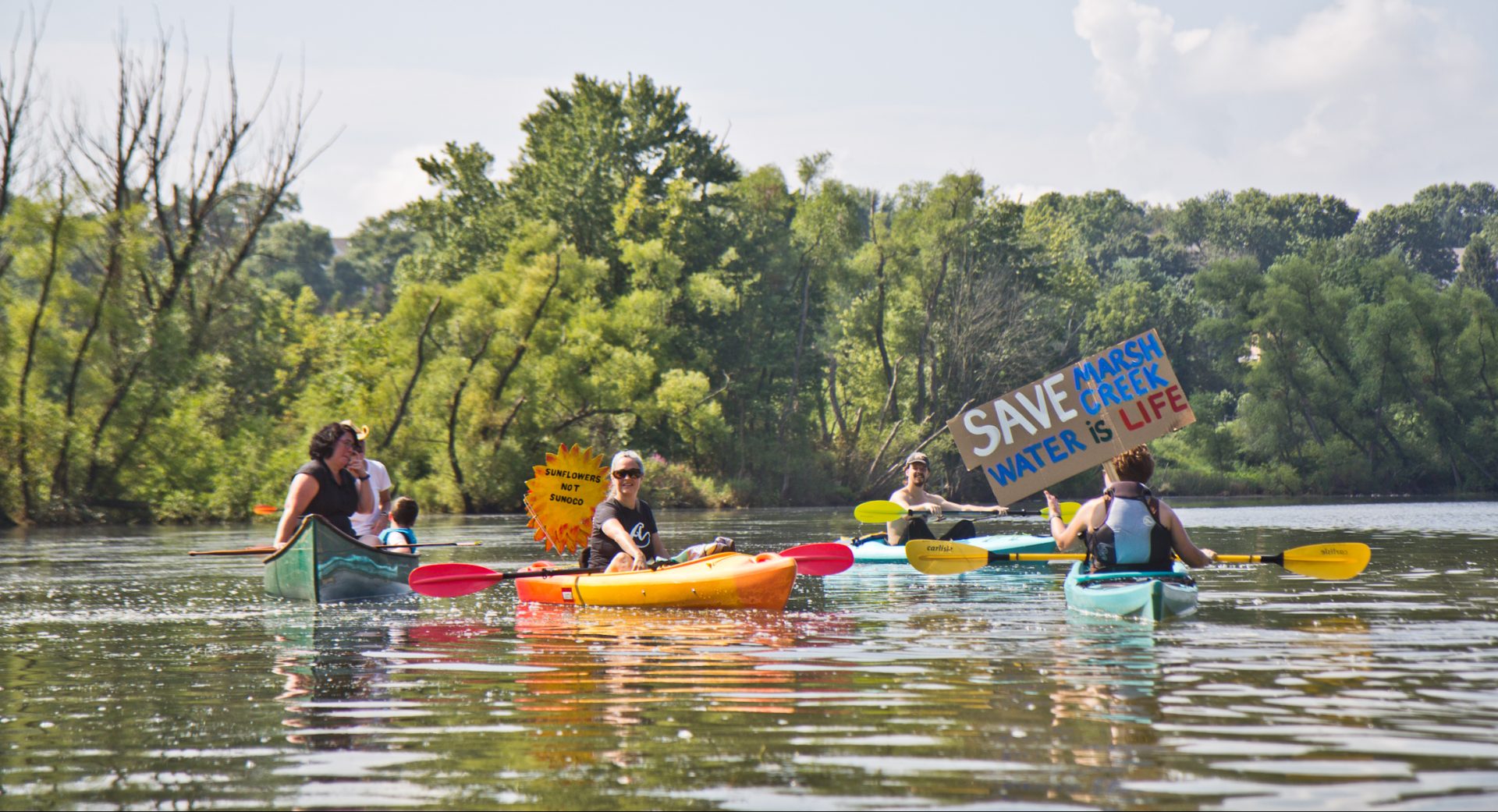 Protesters of Sunoco’s Mariner East Pipline kayaked to a clean-up site on Marsh Creek Lake in Chester County, Pa., where the DEP says 8,000 gallons of drilling mud migrated into the stream. 