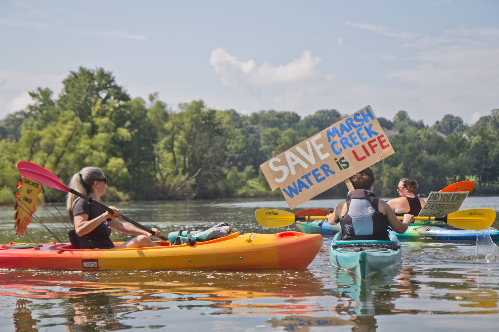 In August 2020, protesters of Sunoco’s Mariner East Pipeline kayaked to a clean-up site on Marsh Creek Lake in Chester County, Pa., where a drilling mud spill entered the waterways. 