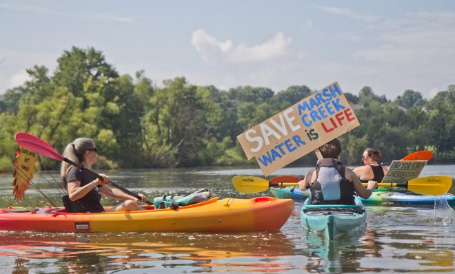 In August 2020, protesters of Sunoco’s Mariner East Pipeline kayaked to a clean-up site on Marsh Creek Lake in Chester County, Pa., where a drilling mud spill entered the waterways. 