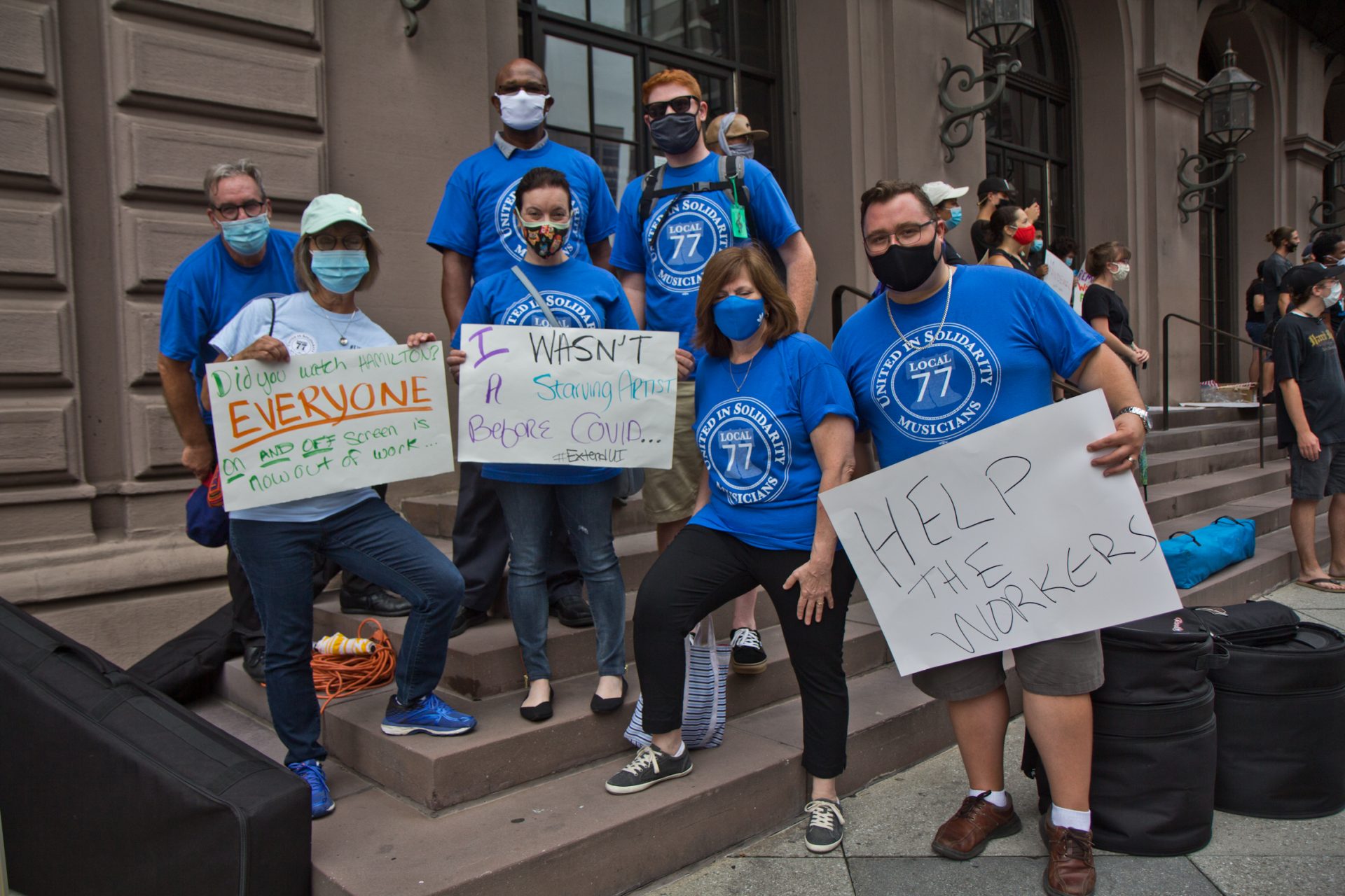 Becky Ansel with members of the Philadelphia Musicians’ Union Local 77 at a protest demanding the extension of unemployment benefits for out of work musicians, stagehands and other out of work entertainment professionals.